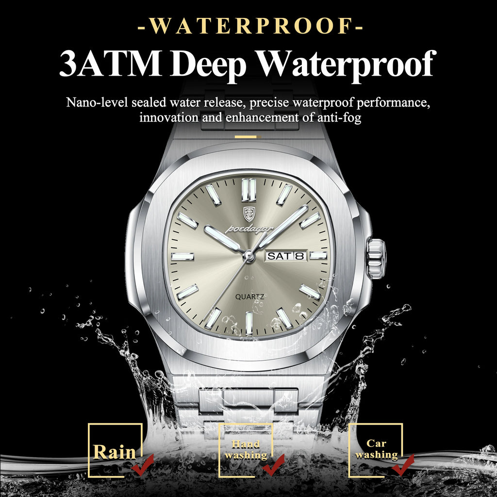 Square Full Calendar Watch – Date & Week Display with Hidden Clasp Bracelet