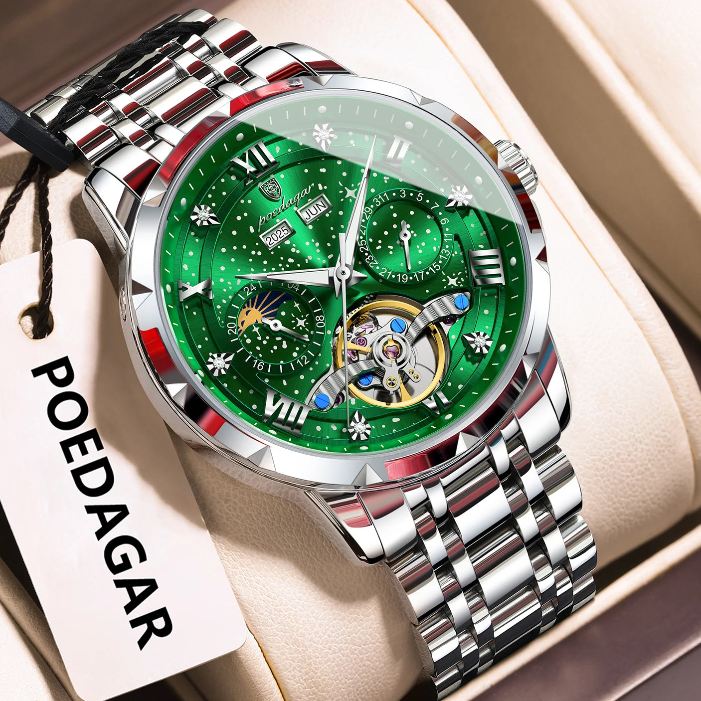 Automatic Skeleton Watch – Tourbillon Style with Roman Numeral Dial & Full Calendar