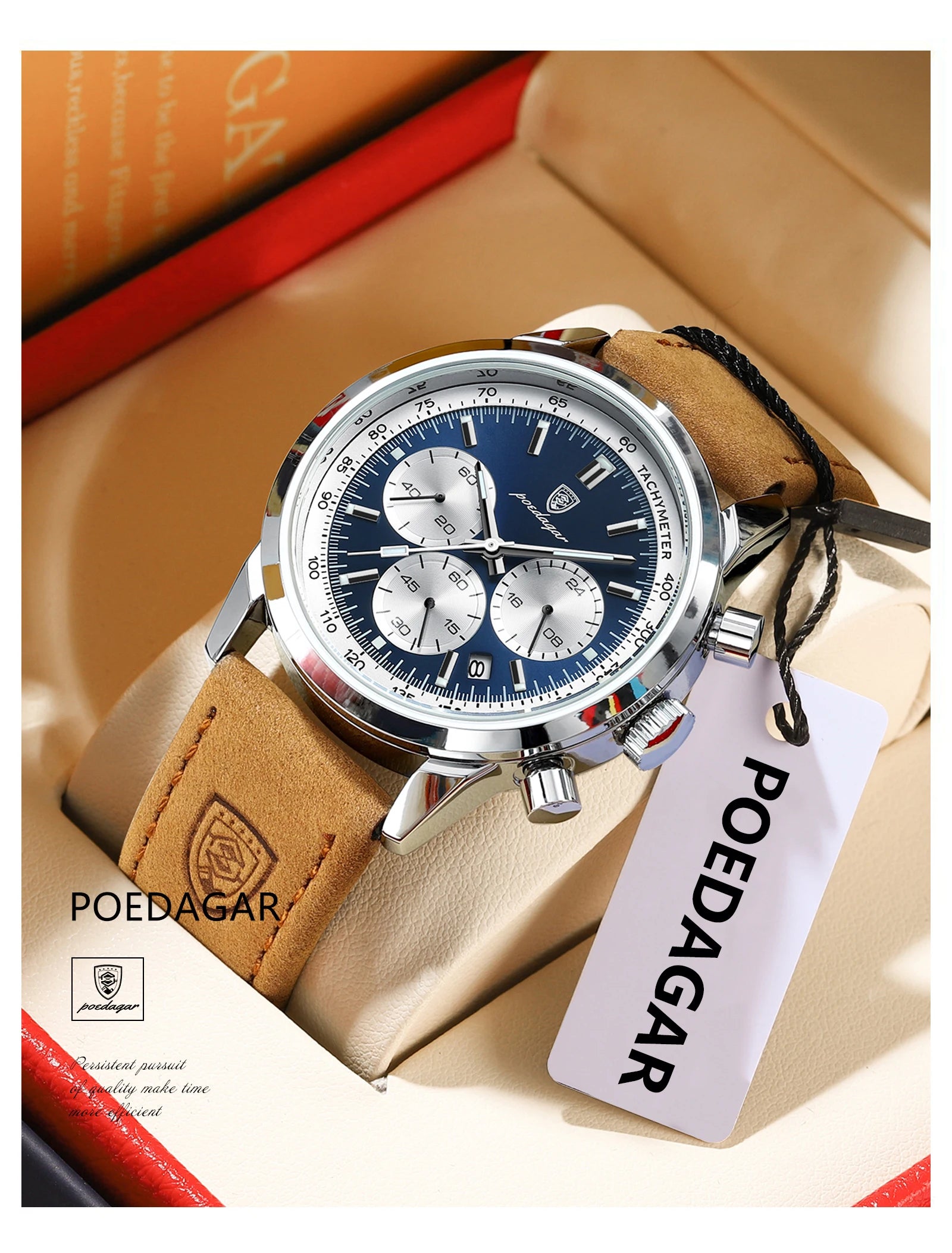 Chronograph Leather Watch – Luminous Numberless Dial with Date