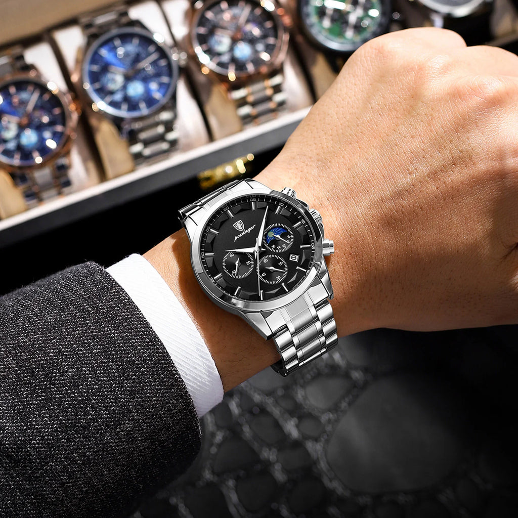 Chronograph Date Watch – Luminous Numberless Dial with Bracelet Clasp