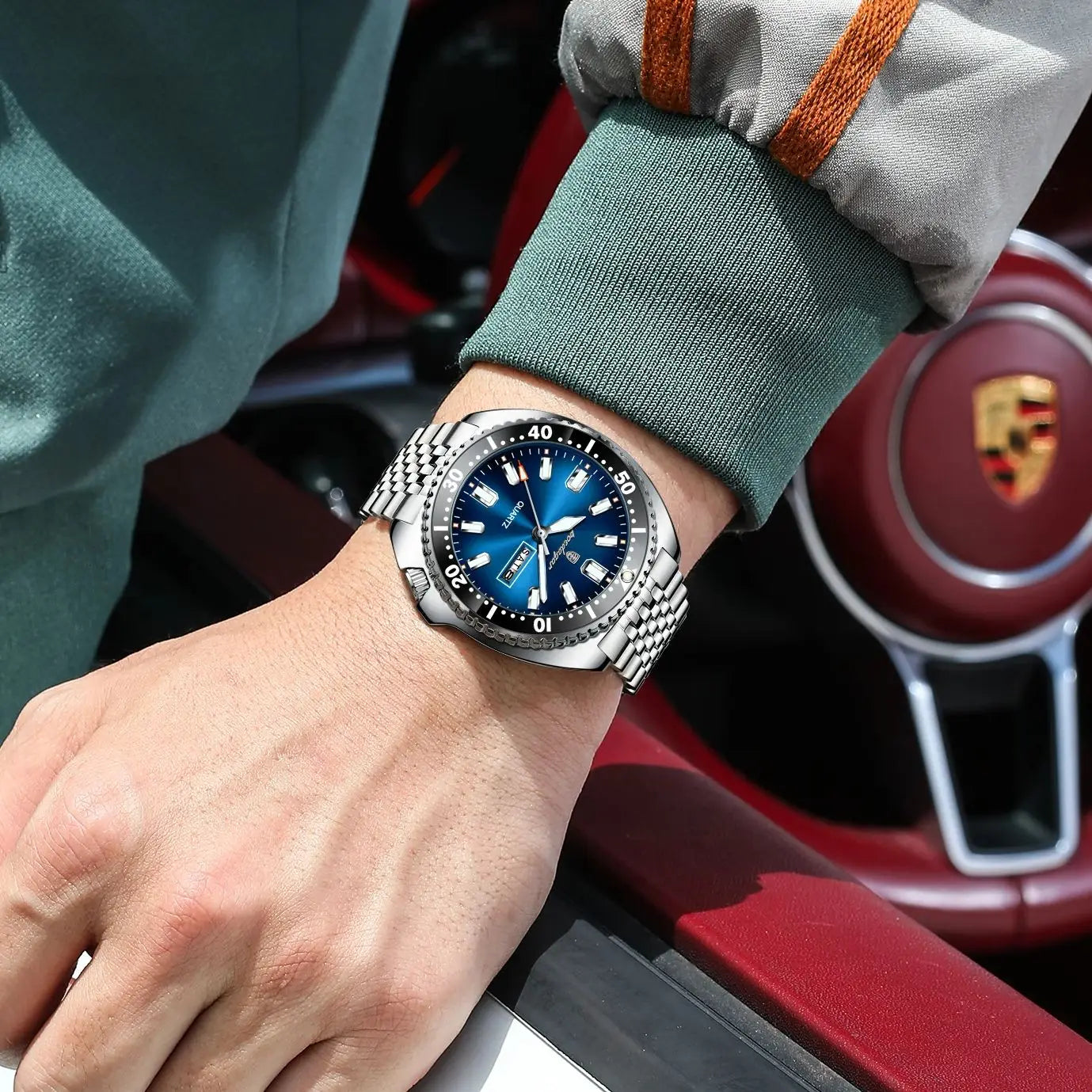 Large Full Calendar Watch – Luminous Numberless Dial with Hidden Clasp Bracelet