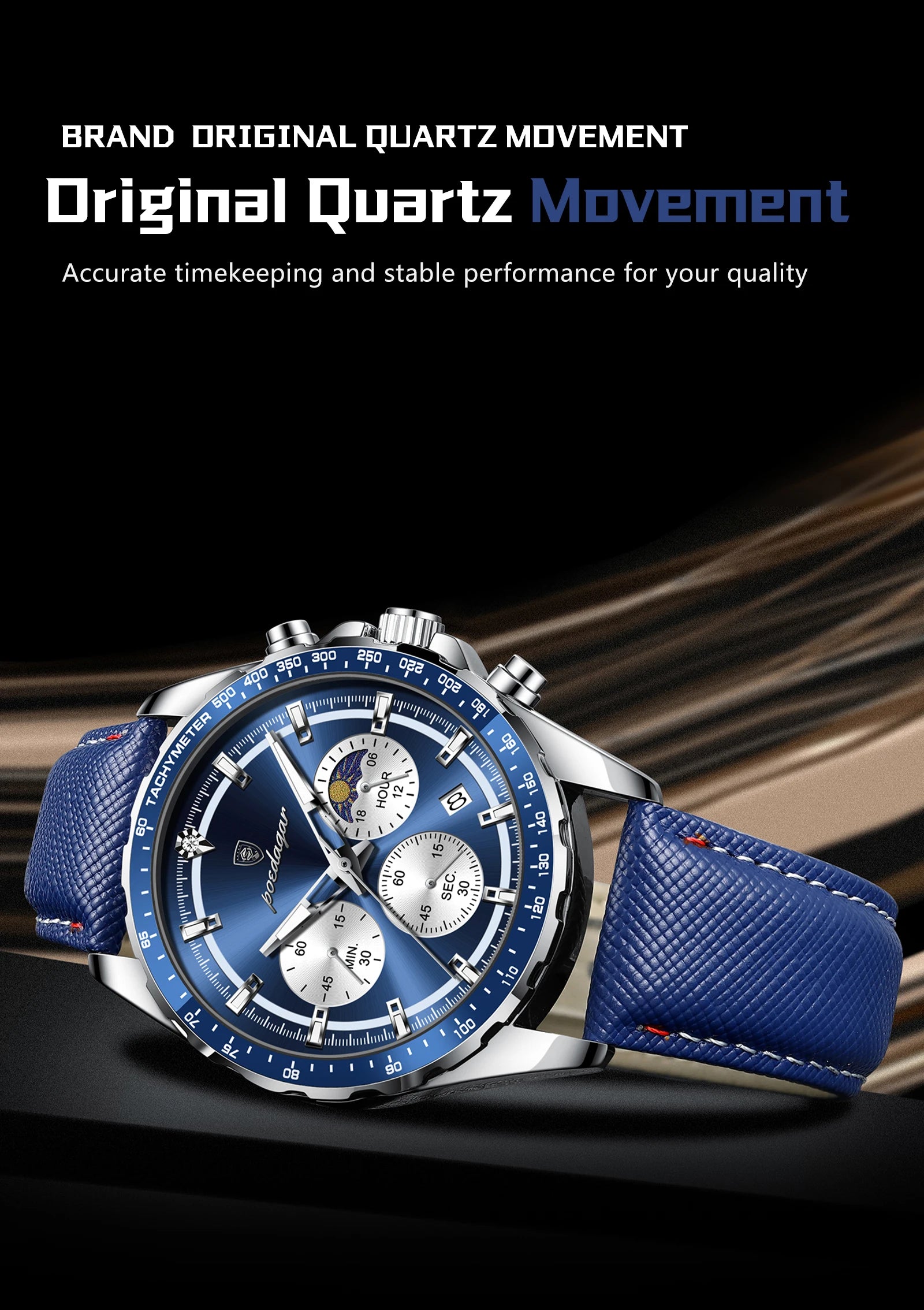 Premium Leather Chronograph Watch – Luminous Dial, Date Display, Quartz Movement