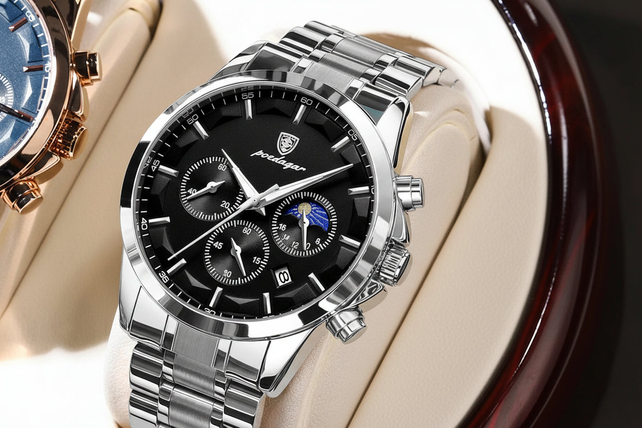 Chronograph Date Watch – Luminous Numberless Dial with Bracelet Clasp