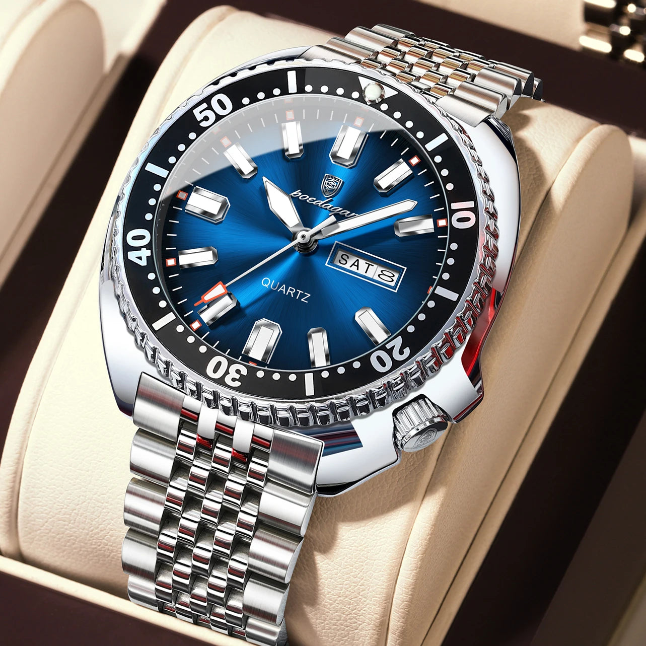 Large Full Calendar Watch – Luminous Numberless Dial with Hidden Clasp Bracelet