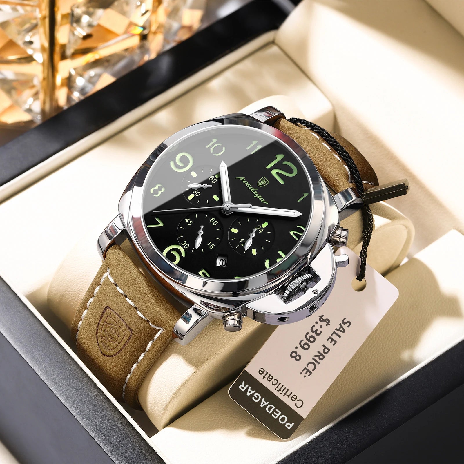 Chronograph Leather Watch – Bold Arabic Dial with Date & Luminous Hands