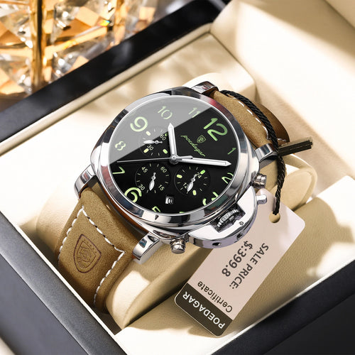Chronograph Leather Watch – Bold Arabic Dial with Date & Luminous Hands