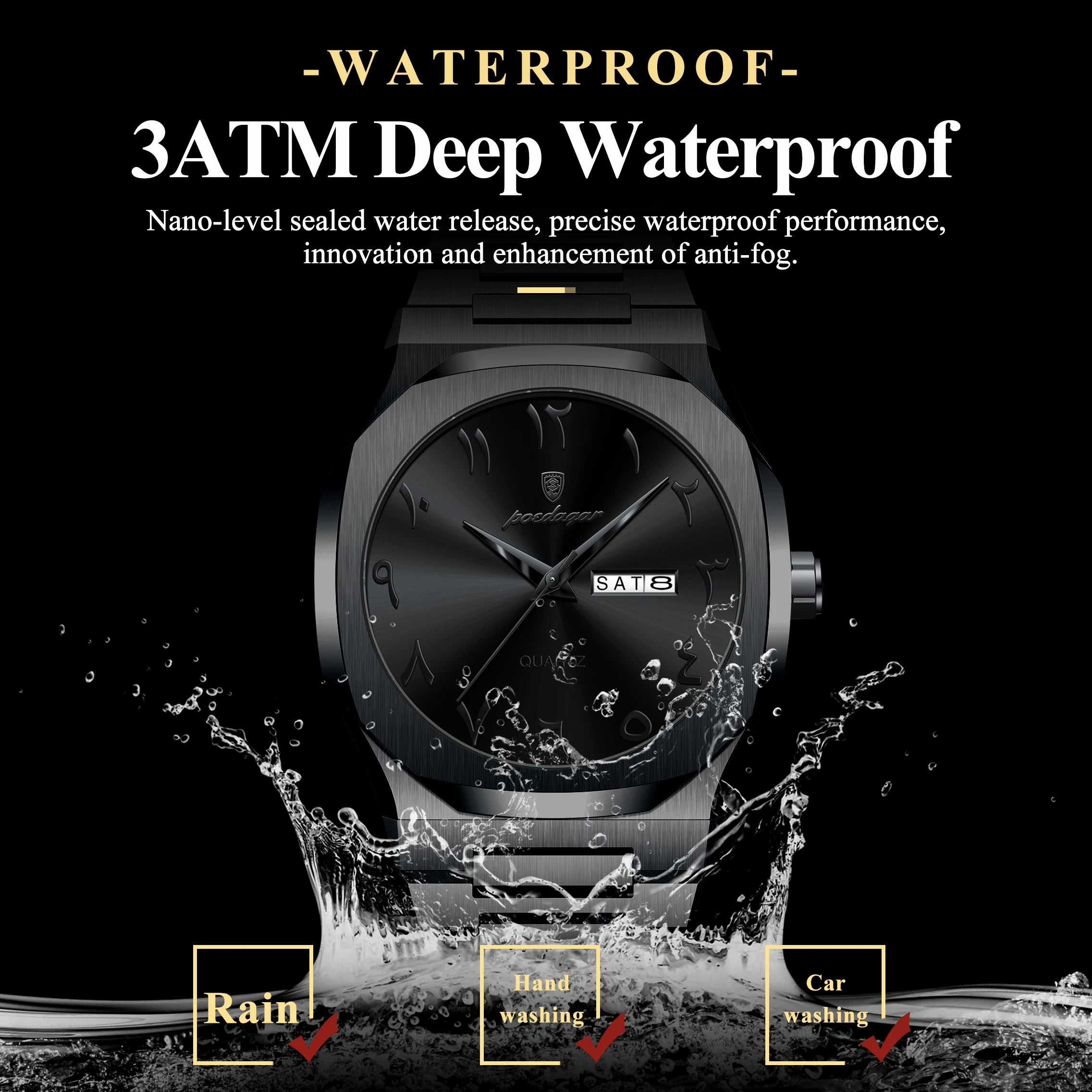 Irregular Shape Stainless Steel Watch – Full Calendar with Date & Week Display