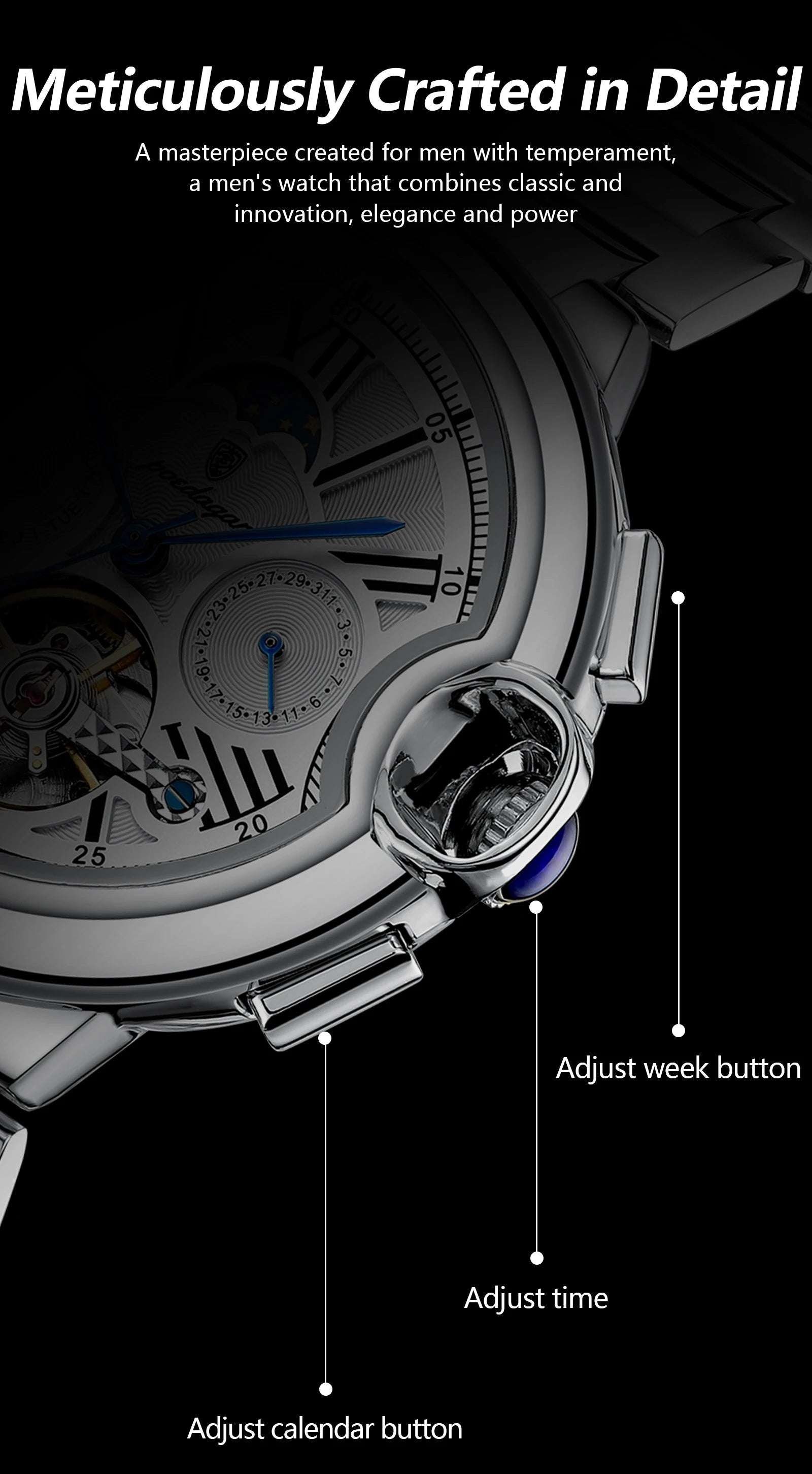 Automatic Skeleton Watch – Tourbillon Style with Moon Phase & Full Calendar