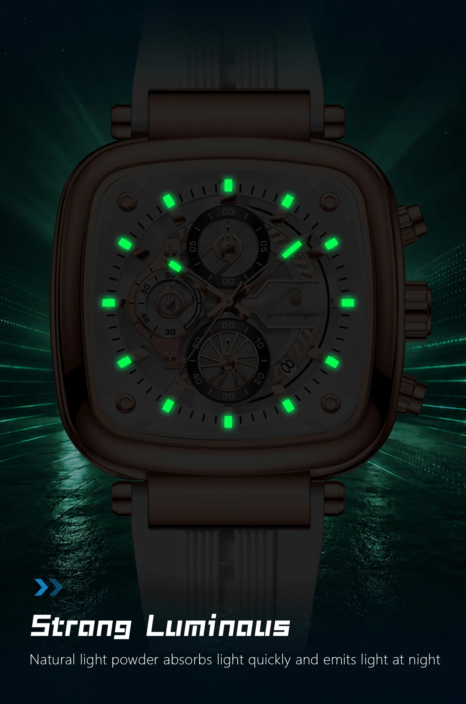 Square Chronograph Sport Watch – Luminous Dial with Silicone Strap & Date