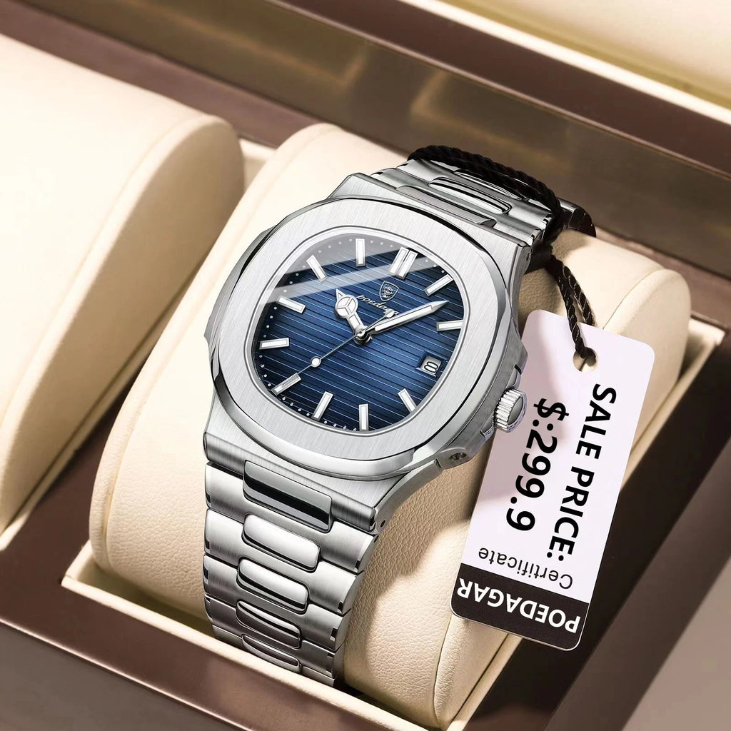 Men's Square Quartz Watch – Waterproof, Luminous, Date