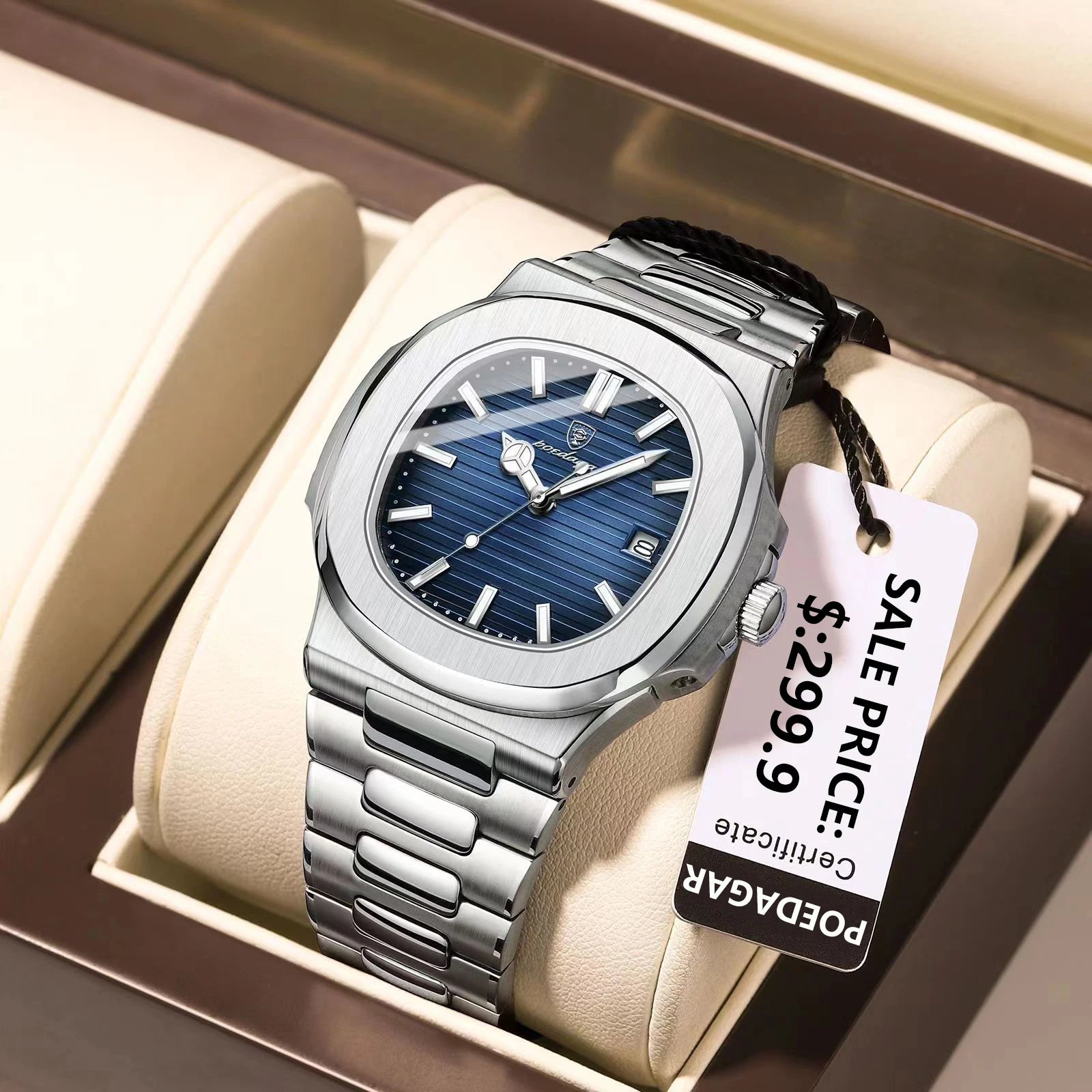 Men's Square Quartz Watch – Waterproof, Luminous, Date