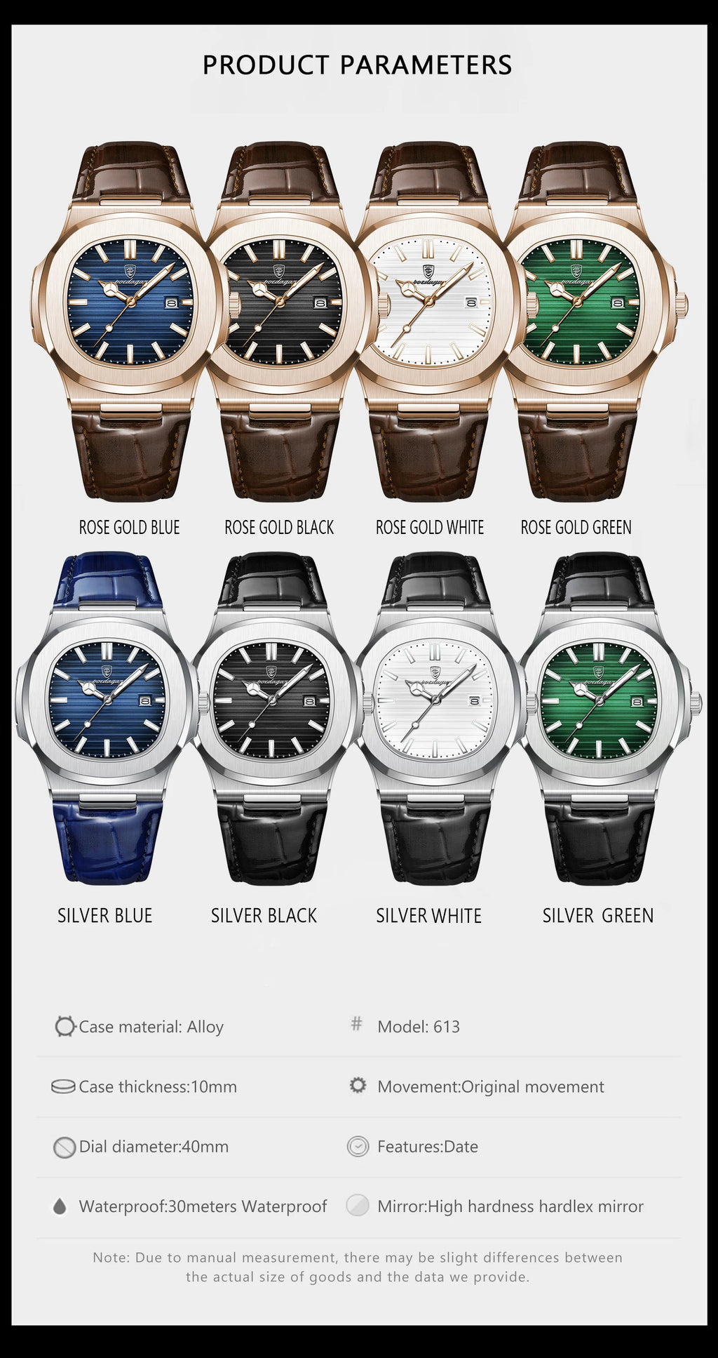 Square Leather Watch – Luminous Dial with Date & Classic Buckle