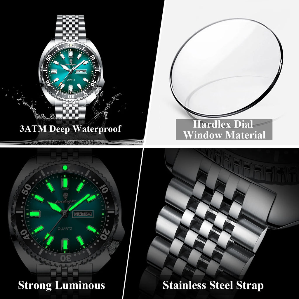 Large Full Calendar Watch – Luminous Dial with Hidden Clasp Bracelet