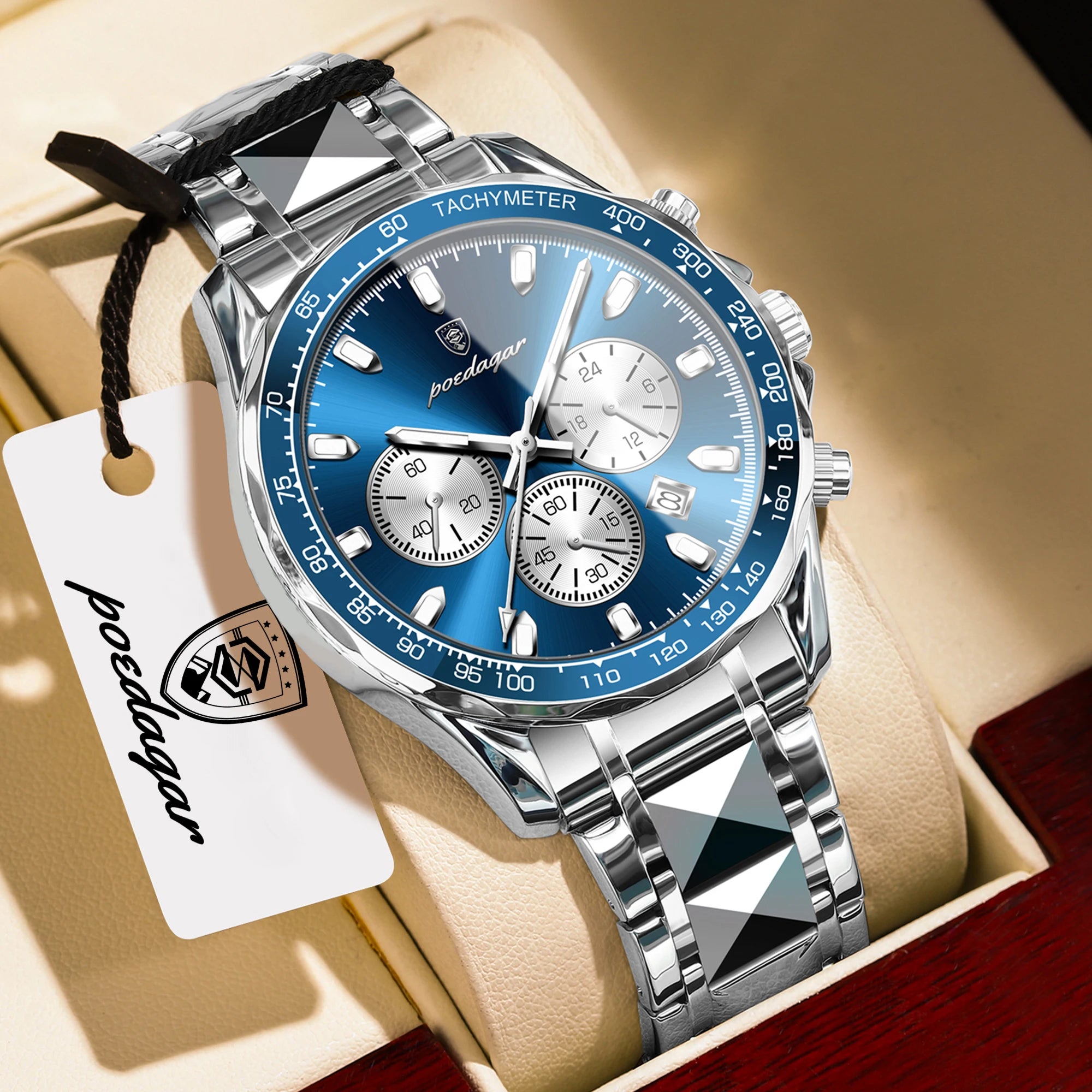 Chronograph Business Watch – Luminous Numberless Dial with Hidden Clasp Bracelet