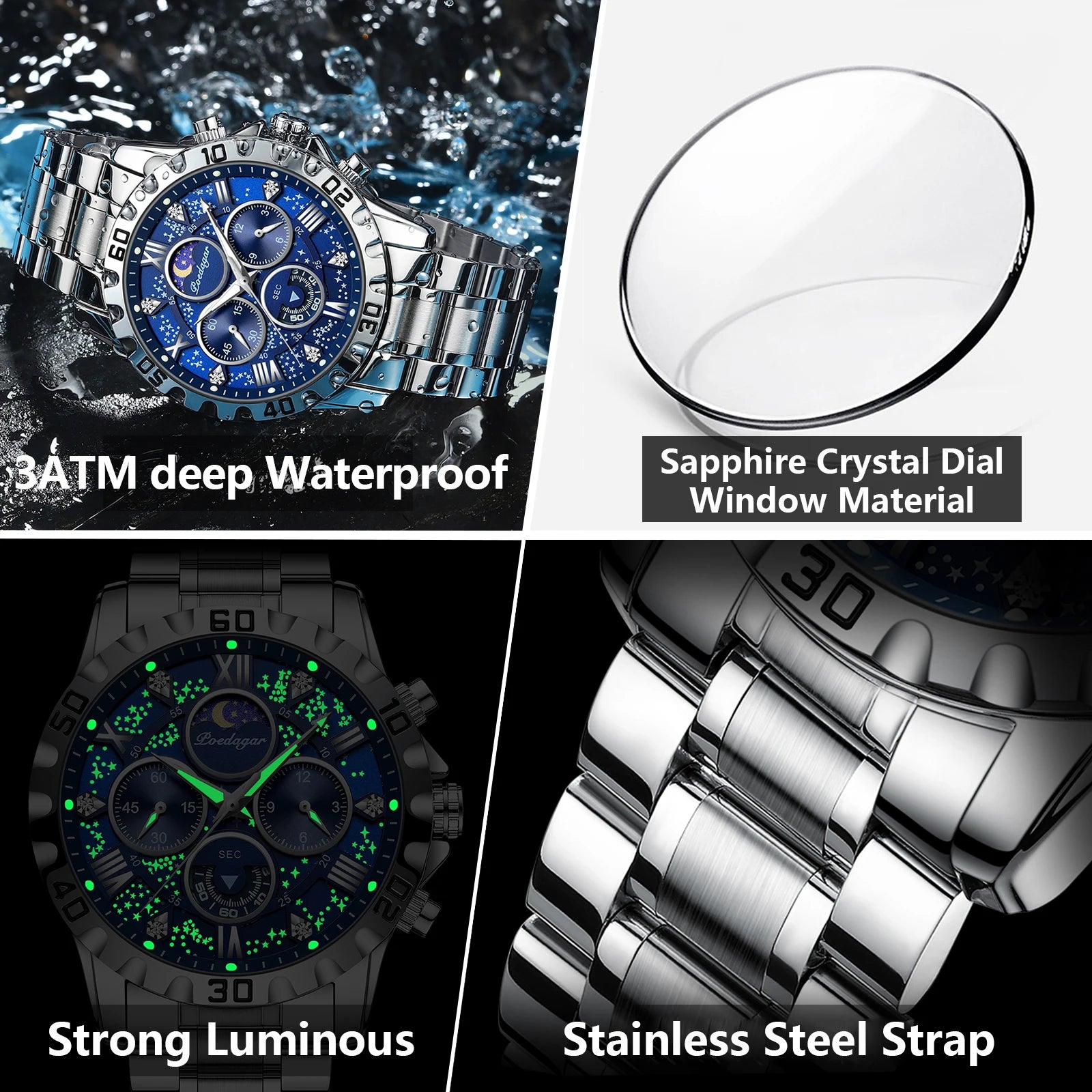 Chronograph Watch with Multiple Time Zone – Roman Numeral Dial & Sapphire Crystal