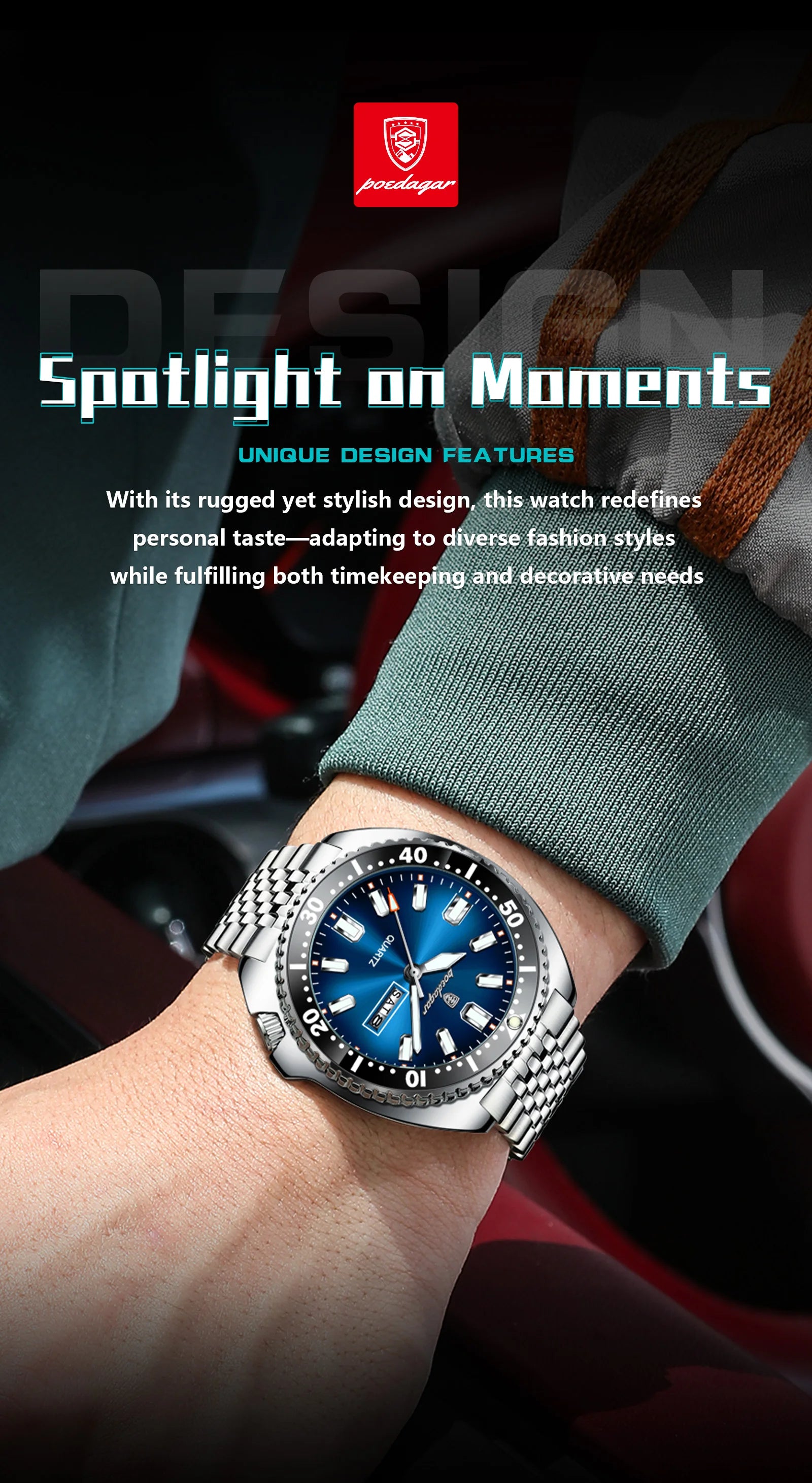 Large Full Calendar Watch – Luminous Numberless Dial with Hidden Clasp Bracelet