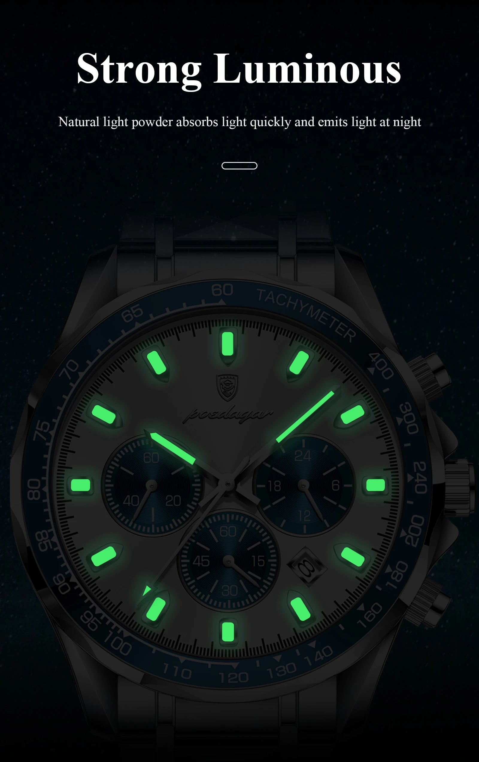 Chronograph Date Watch – Luminous Dial with Hidden Clasp Bracelet