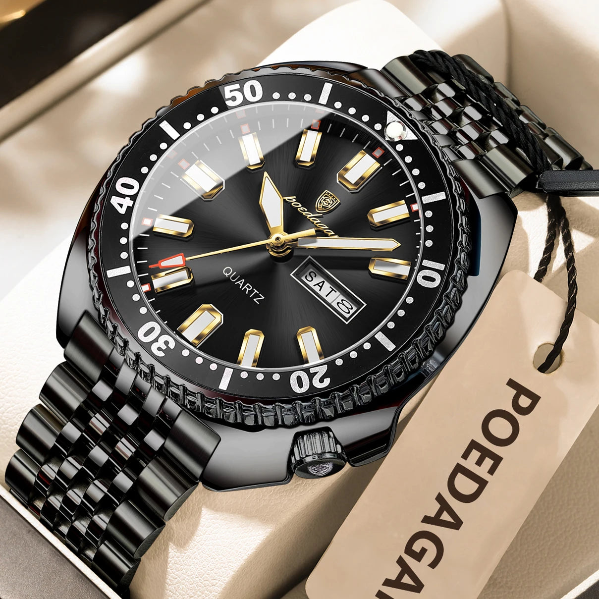 Large Full Calendar Watch – Luminous Dial with Hidden Clasp Bracelet
