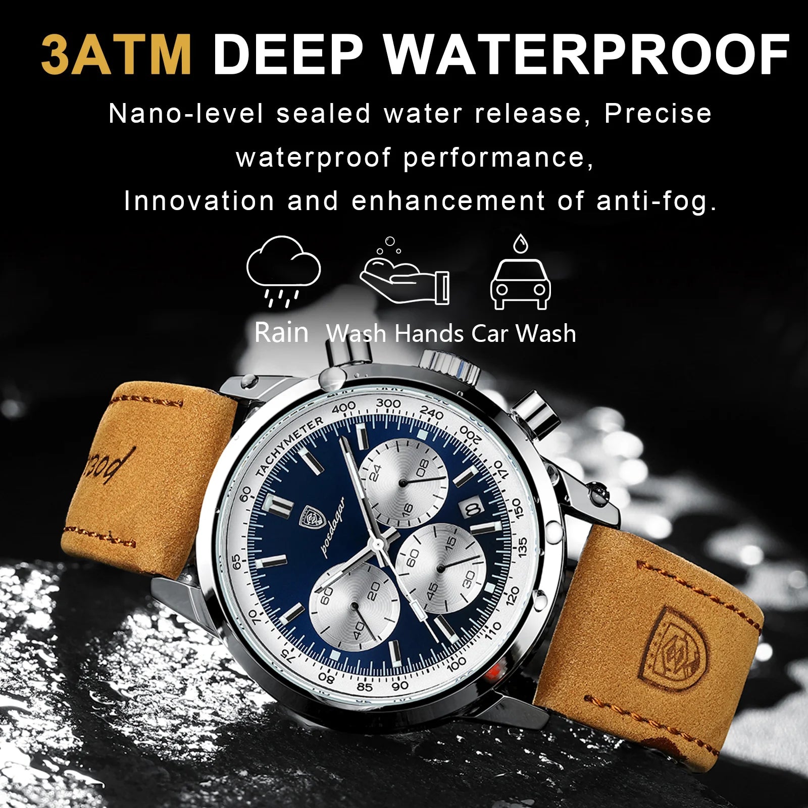 Chronograph Leather Watch – Luminous Numberless Dial with Date