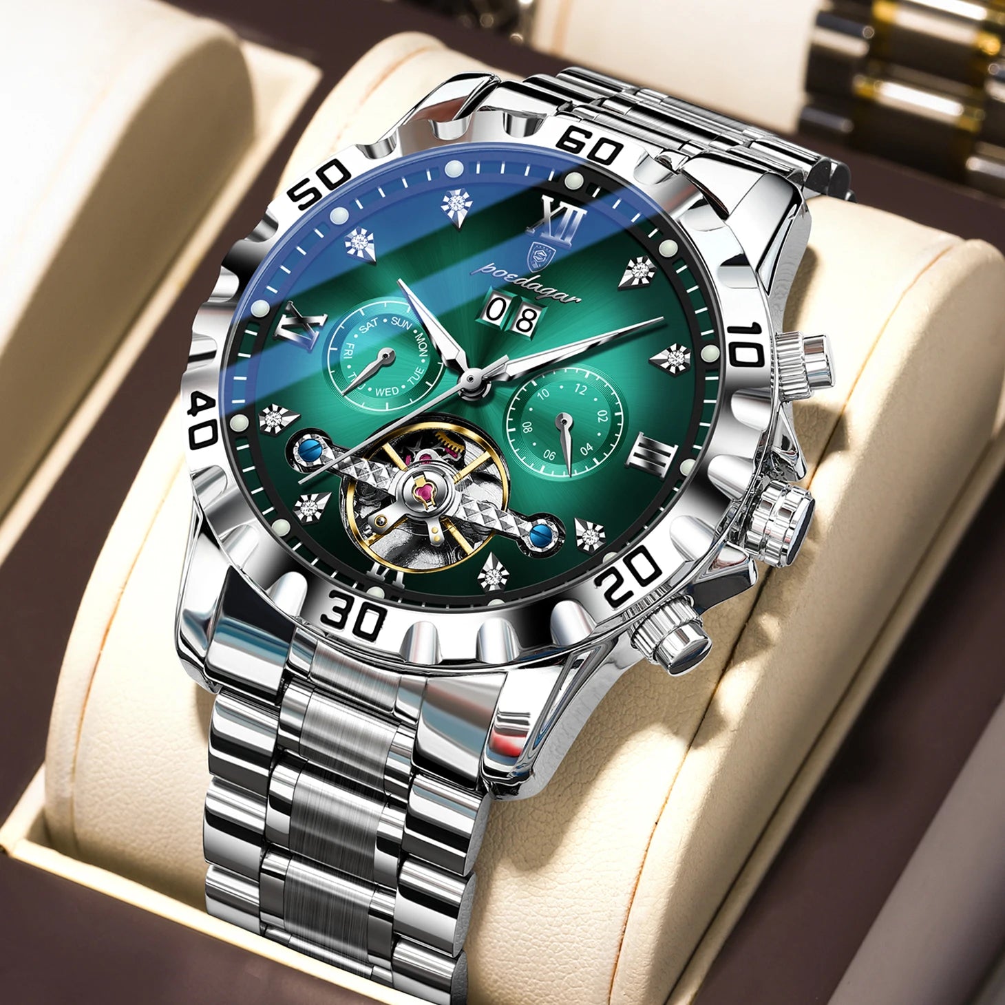 Automatic Tourbillon Style Watch – Sapphire Crystal with Week Display & Hidden Clasp