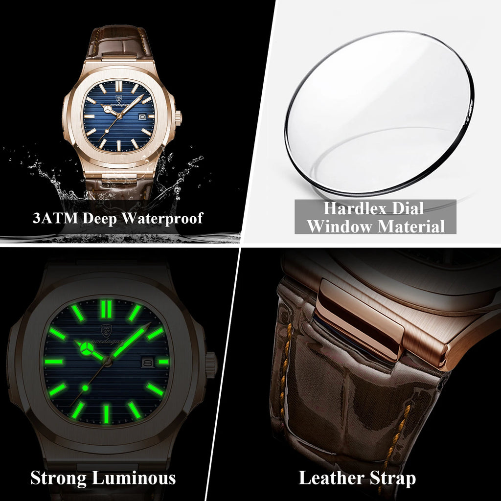 Square Leather Watch – Luminous Dial with Date & Classic Buckle