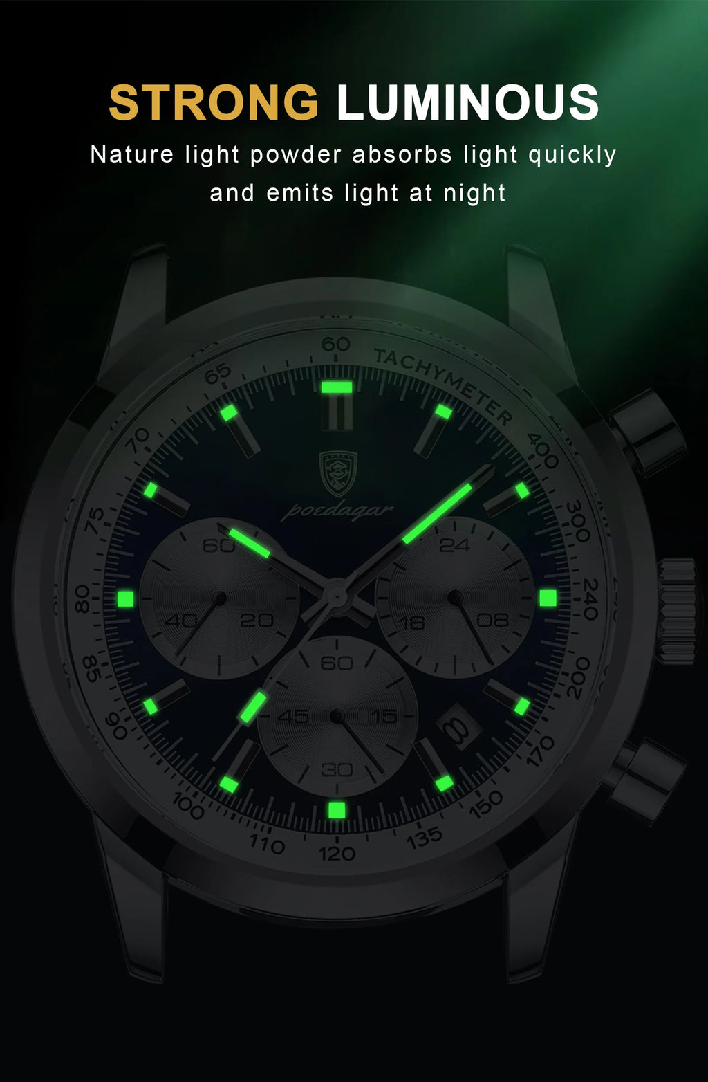 Chronograph Leather Watch – Luminous Numberless Dial with Date
