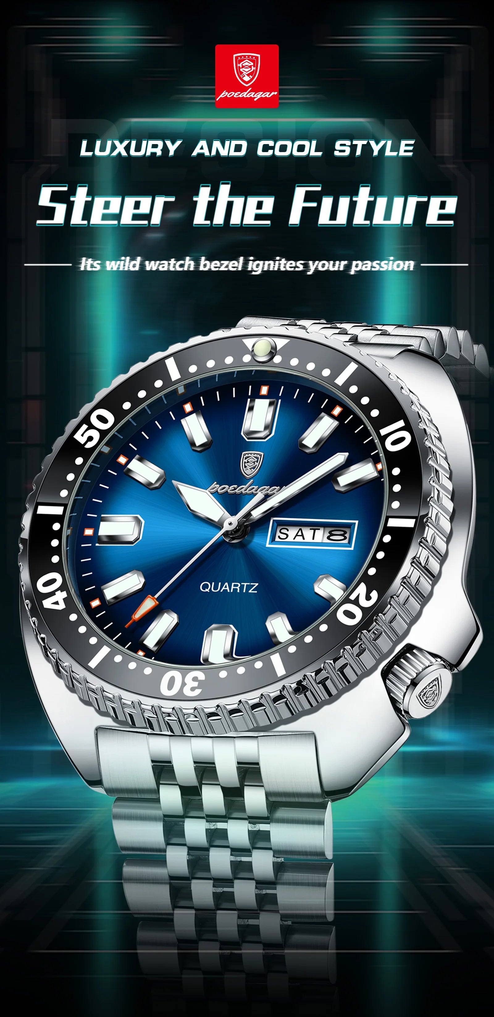 Large Full Calendar Watch – Luminous Numberless Dial with Hidden Clasp Bracelet