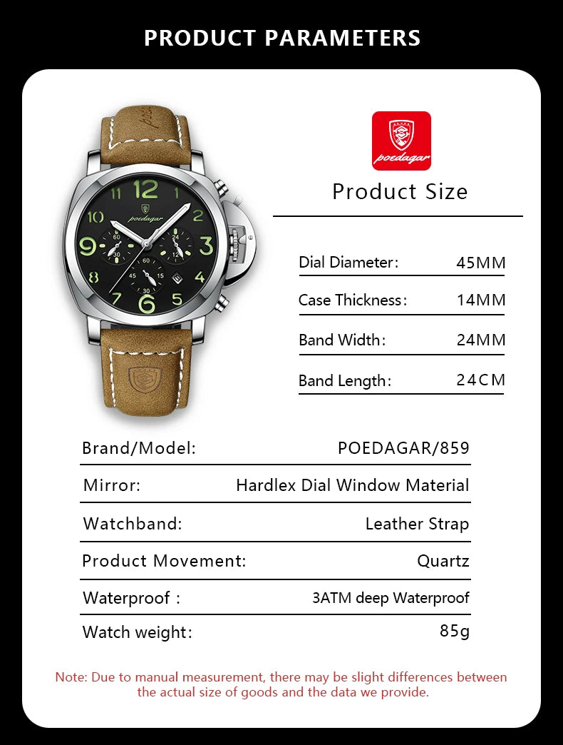 Chronograph Leather Watch – Bold Arabic Dial with Date & Luminous Hands