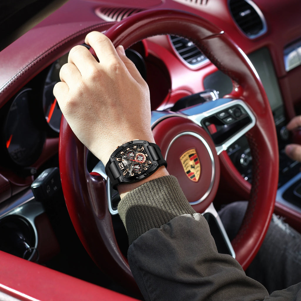 Tonneau Chronograph Watch – Roman Numeral Dial with Sapphire Crystal & Silicone Strap