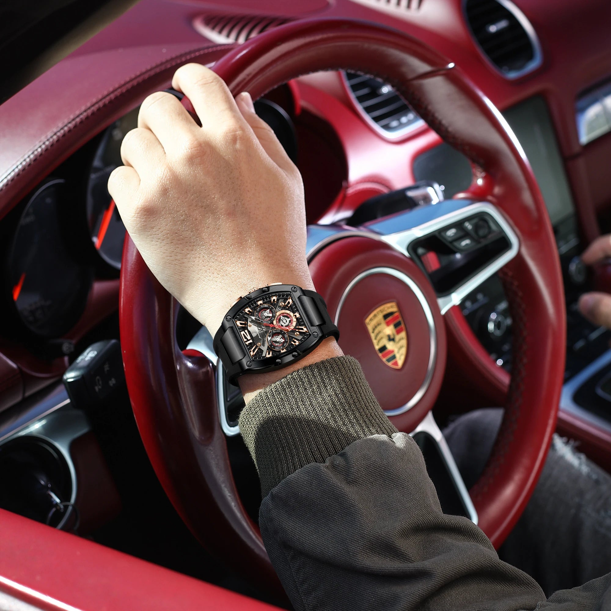 Tonneau Chronograph Watch – Roman Numeral Dial with Sapphire Crystal & Silicone Strap