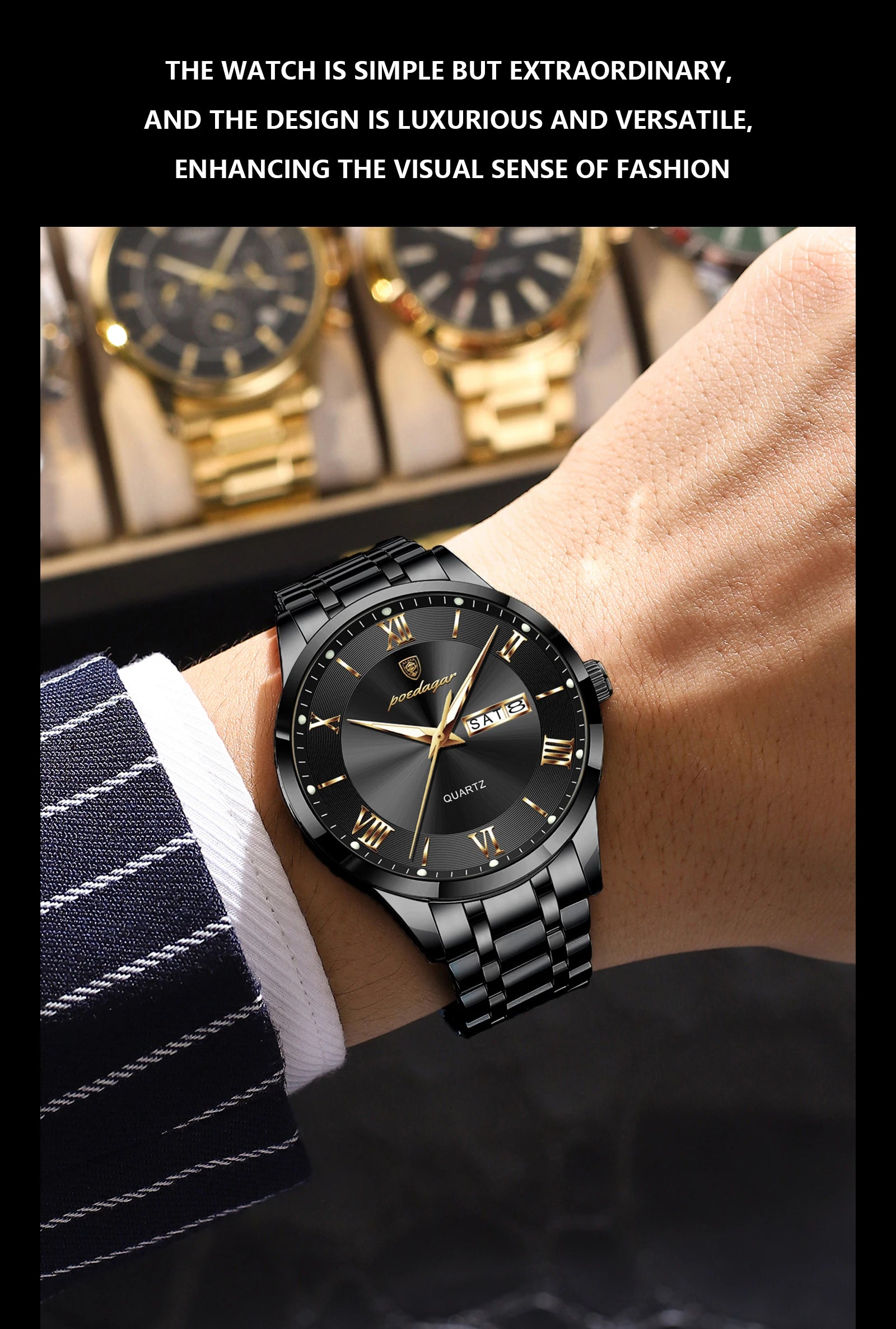 Full Calendar Stainless Steel Watch – Luminous Dial with Date, Week & Hidden Clasp