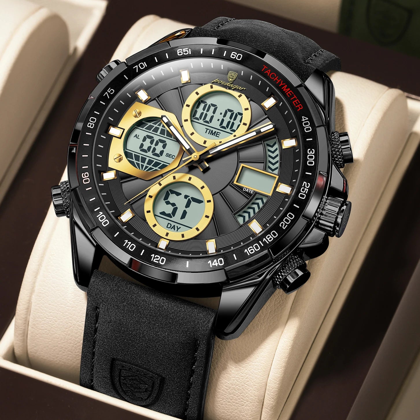 LED Analog-Digital Chronograph Watch – Dual Time & Alarm with Leather Strap