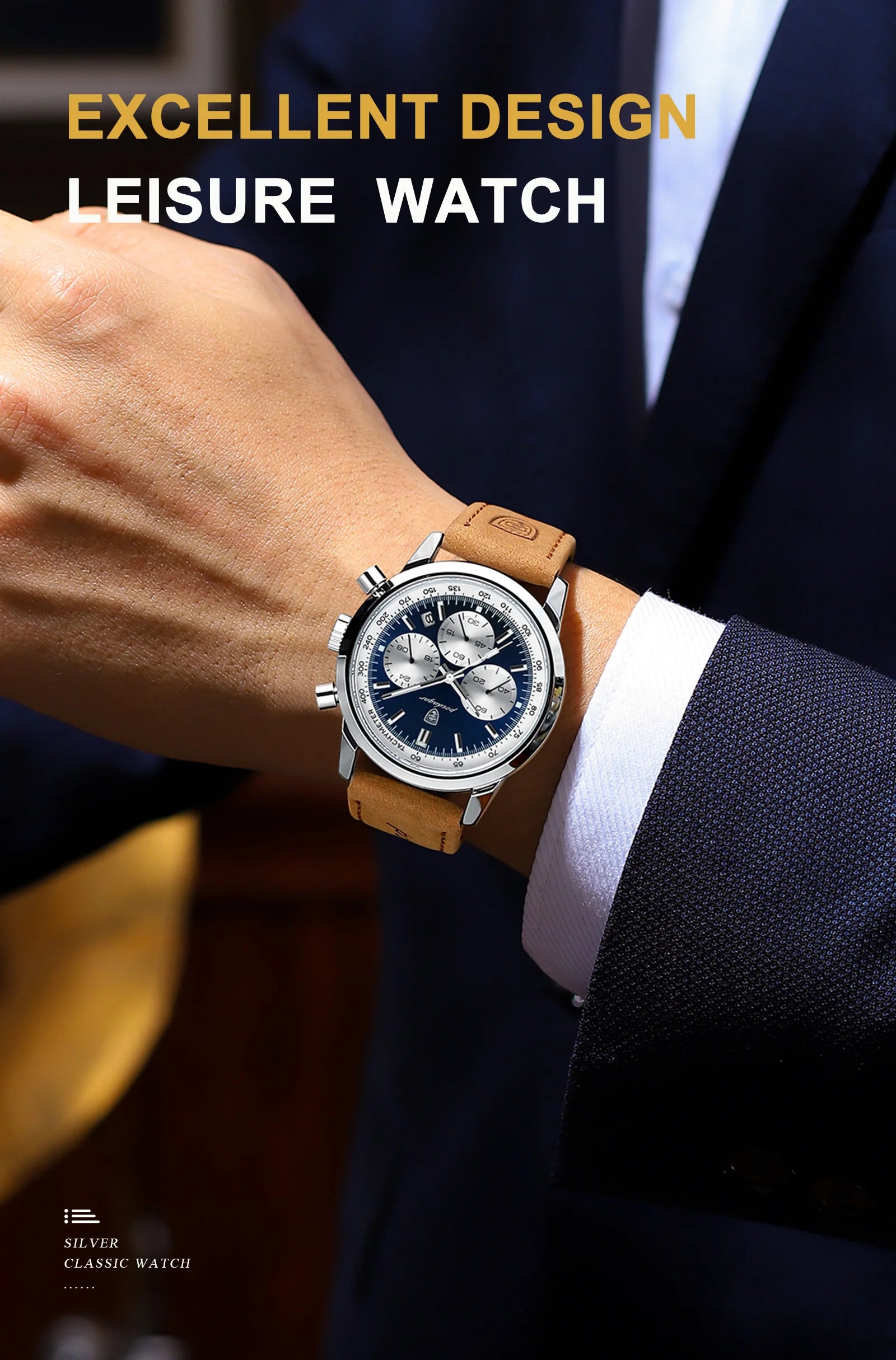 Chronograph Leather Watch – Full Calendar with Luminous Dial