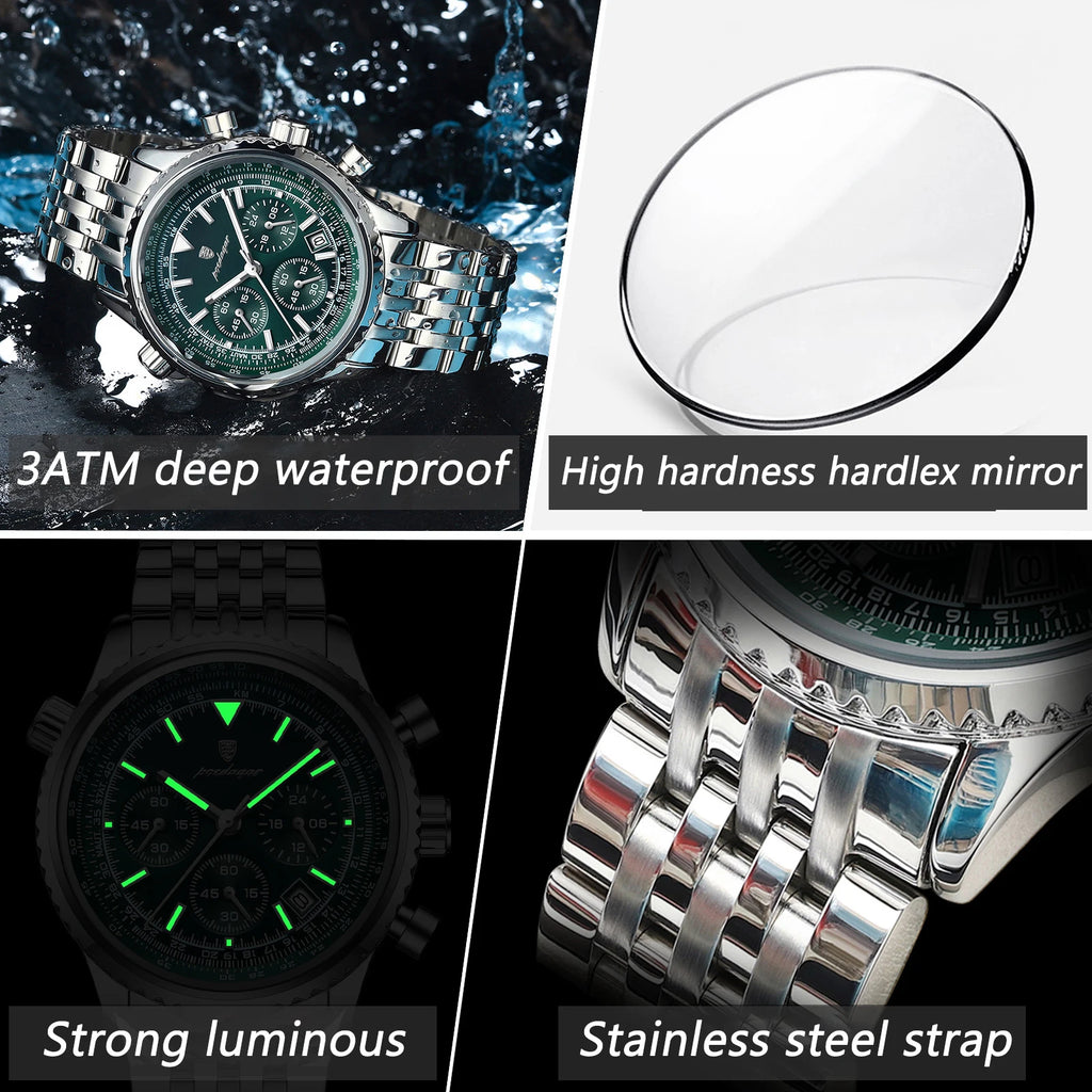 Chronograph Date Watch – Luminous Numberless Dial with Hidden Clasp Bracelet