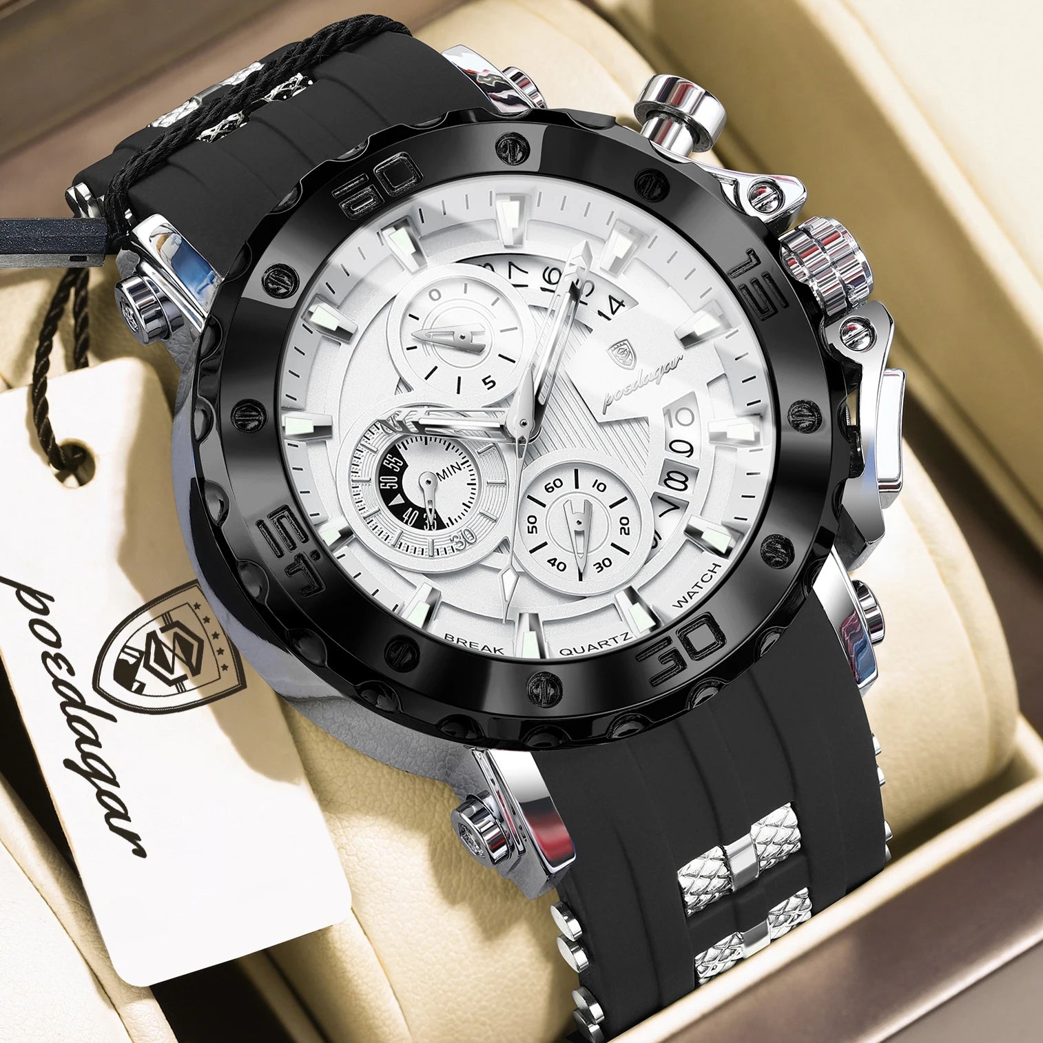 Large Chronograph Sport Watch – Full Calendar with Silicone Strap & Luminous Dial