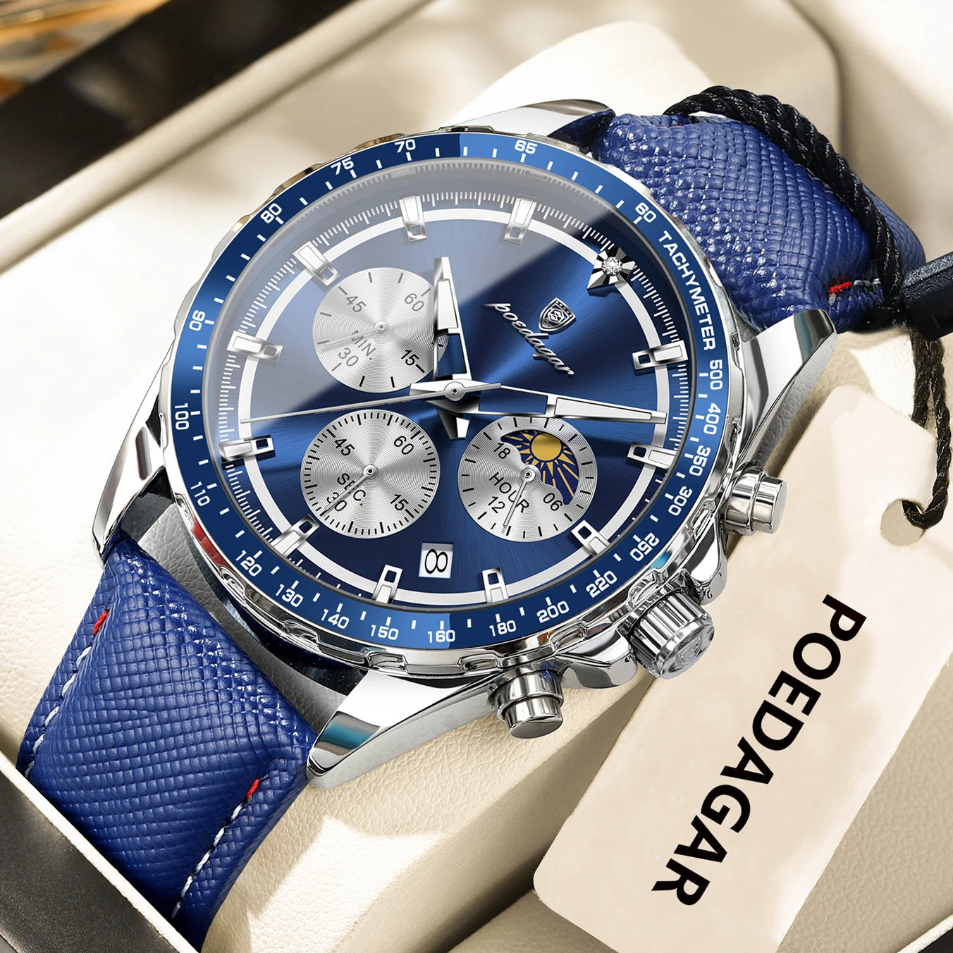 Premium Leather Chronograph Watch – Luminous Dial, Date Display, Quartz Movement