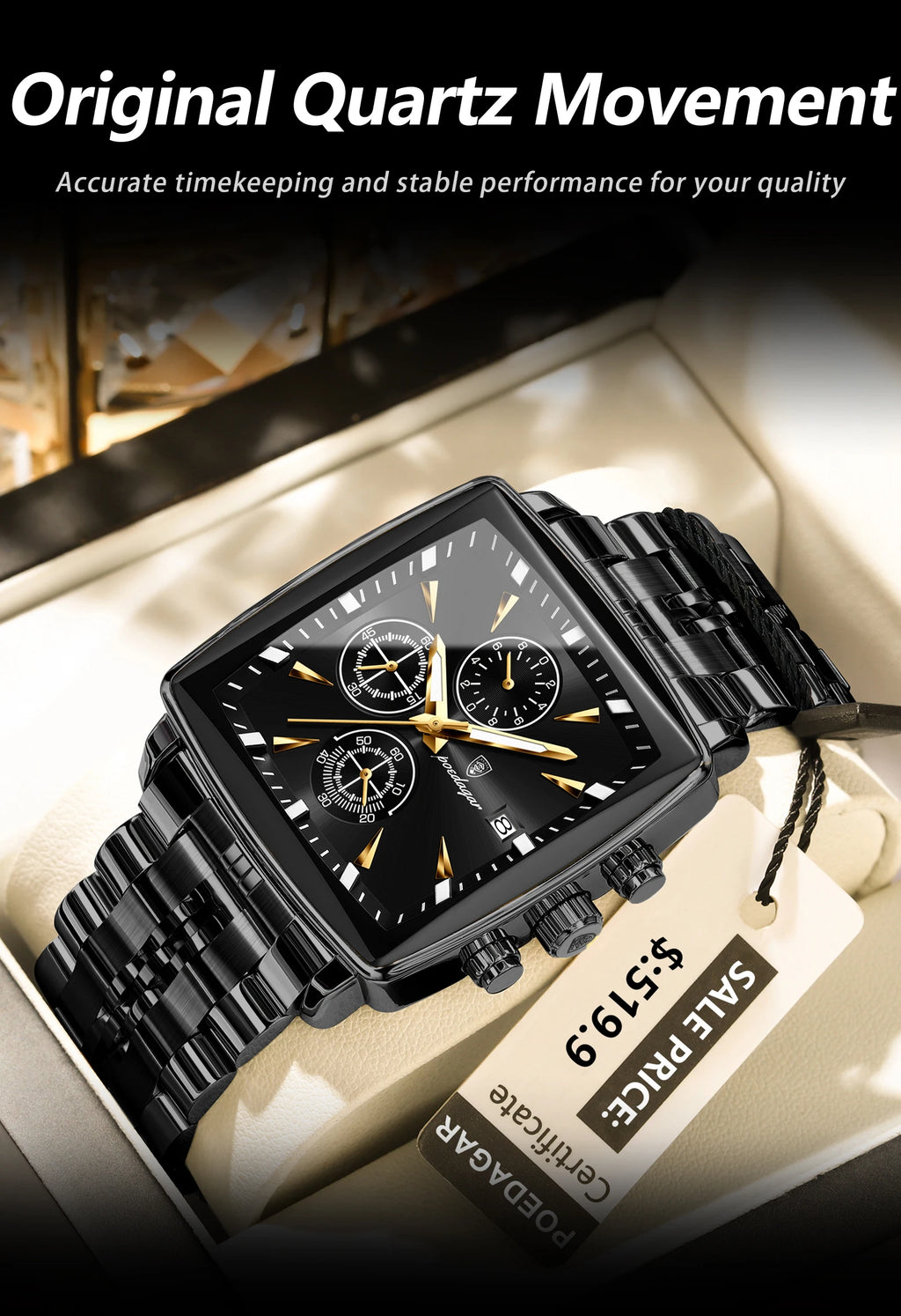 Square Chronograph Watch – Luminous Numberless Dial with Hidden Clasp Bracelet