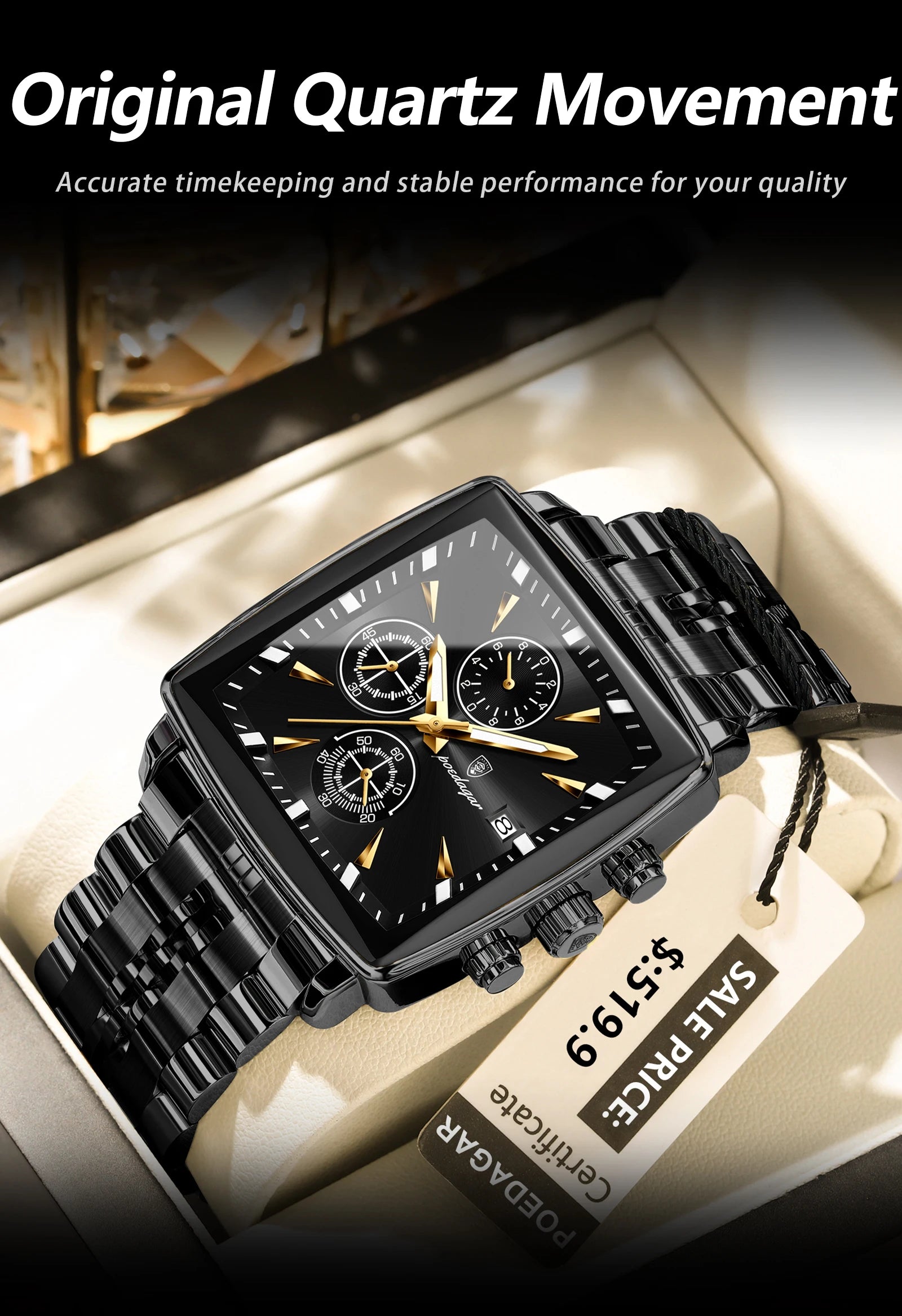 Square Chronograph Watch – Luminous Numberless Dial with Hidden Clasp Bracelet