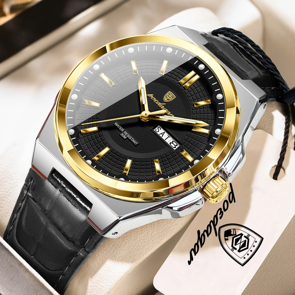 Full Calendar Leather Watch – Luminous Dial with Date & Week Display
