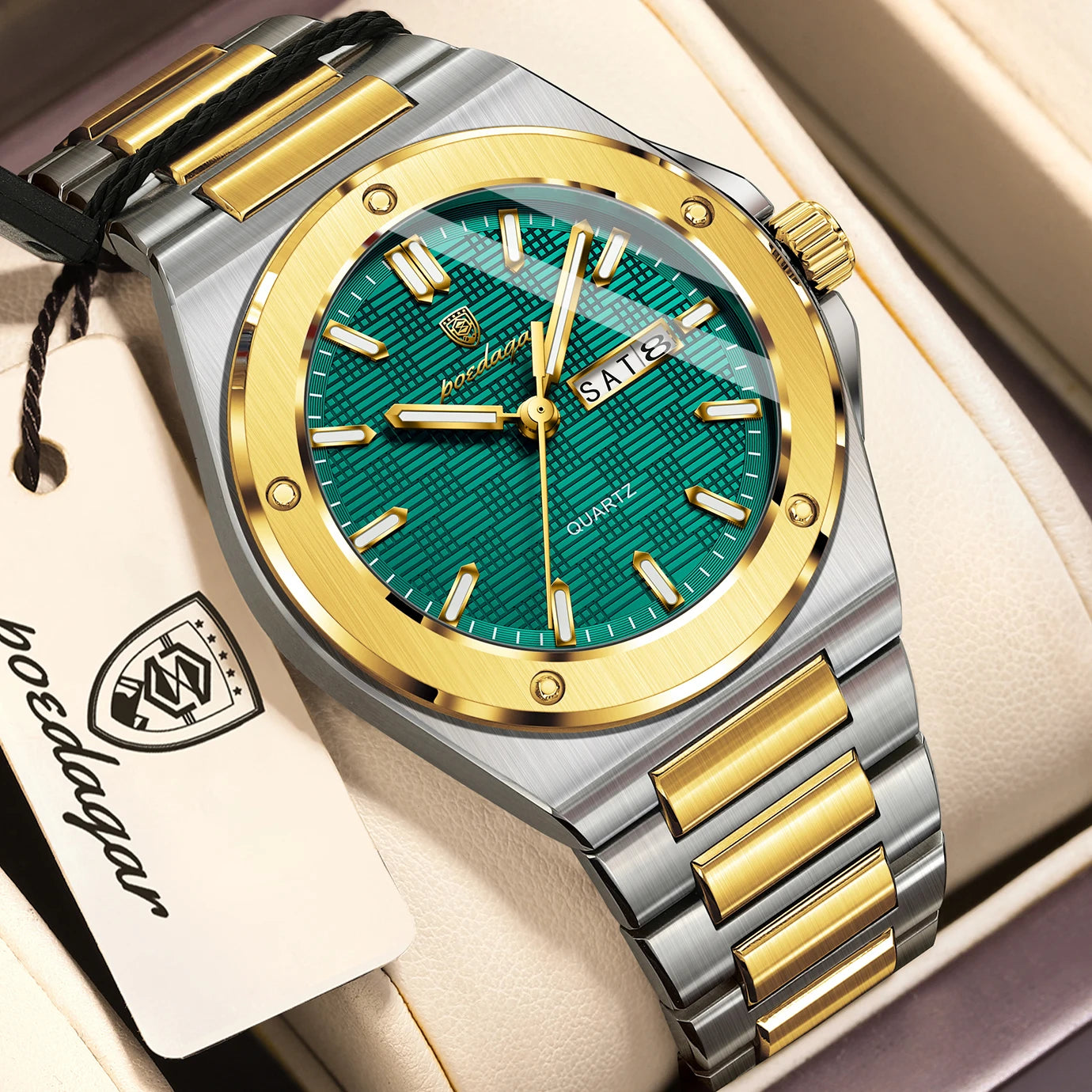 Full Calendar Business Watch – Luminous Stainless Steel with Hidden Clasp Bracelet