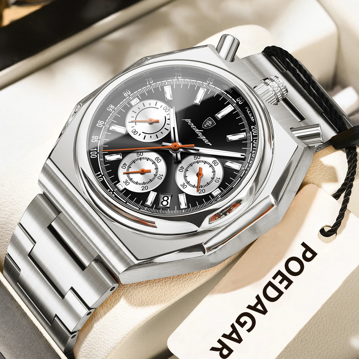 Irregular Chronograph Watch – Bold Numberless Dial with Hidden Clasp Bracelet
