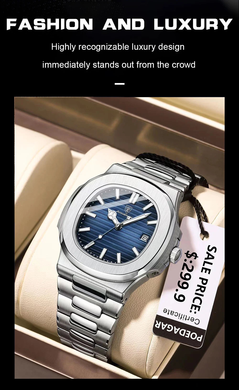 Square Business Watch – Luminous Numberless Dial with Hidden Clasp