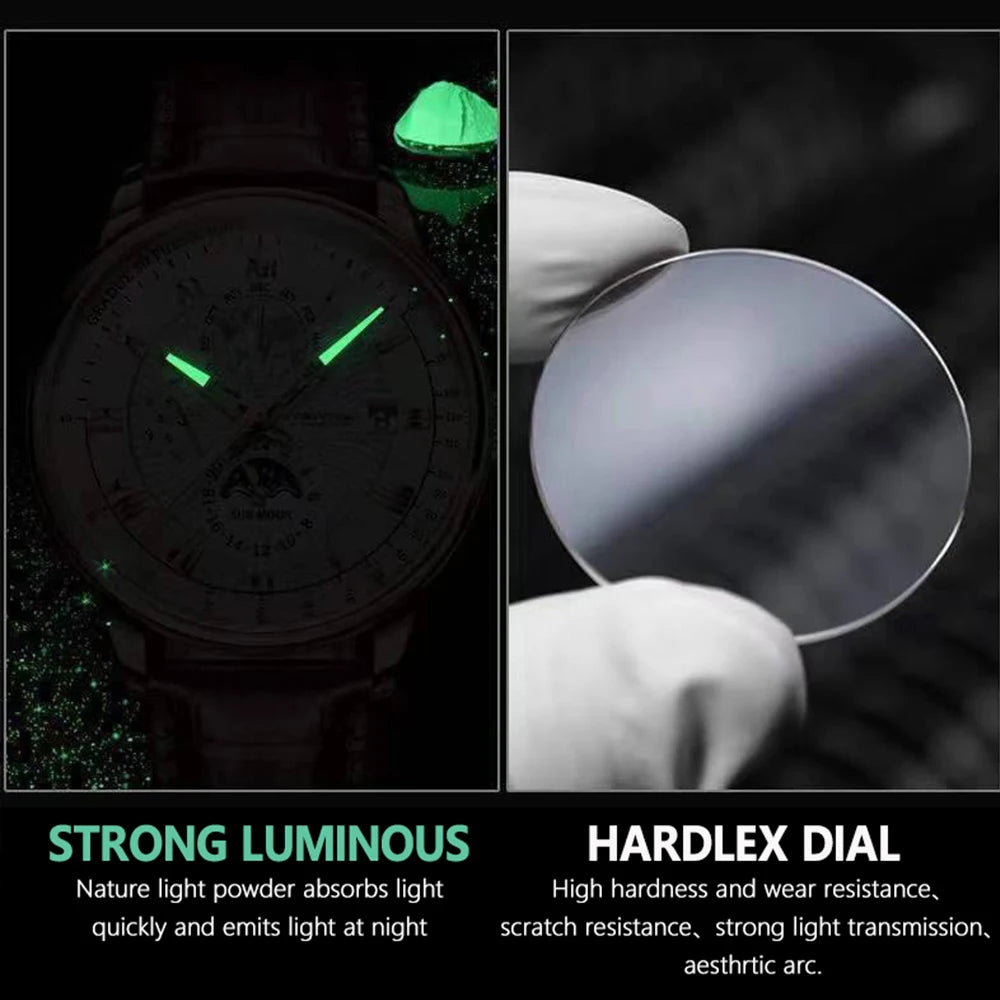 Roman Numeral Full Calendar Watch – Stainless Steel Bracelet with Stopwatch