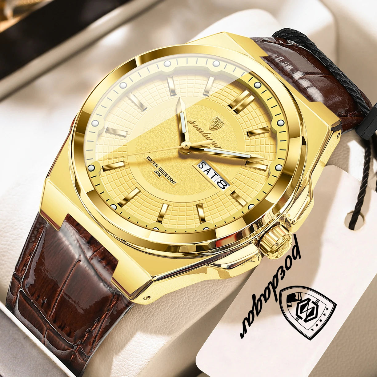 Full Calendar Leather Watch – Luminous Dial with Date & Week Display