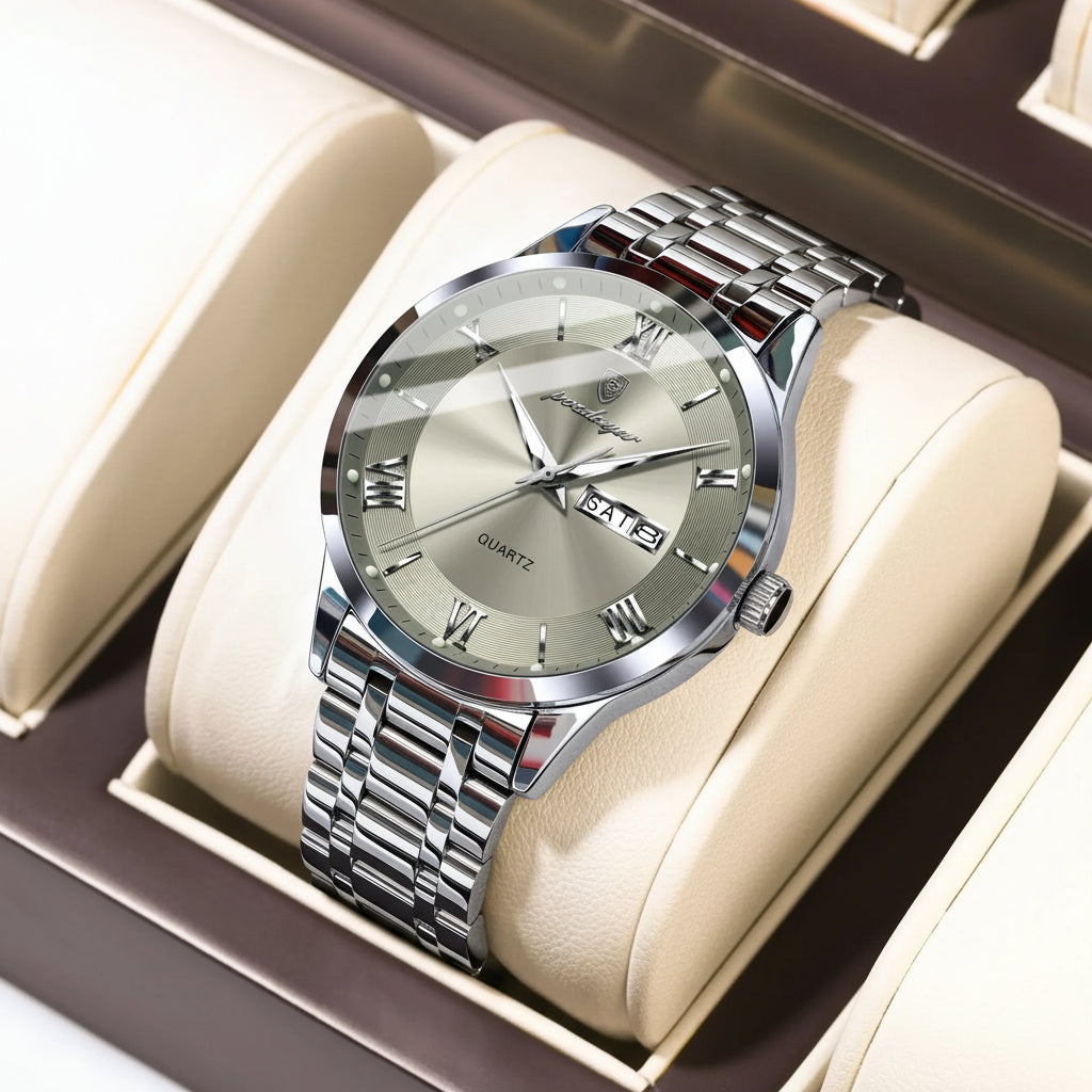 Roman Numeral Full Calendar Watch – Luminous Dial with Date, Week & Hidden Clasp