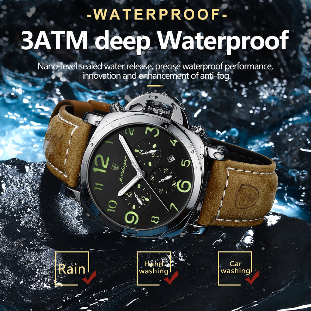 Chronograph Leather Watch – Bold Arabic Dial with Date & Luminous Hands