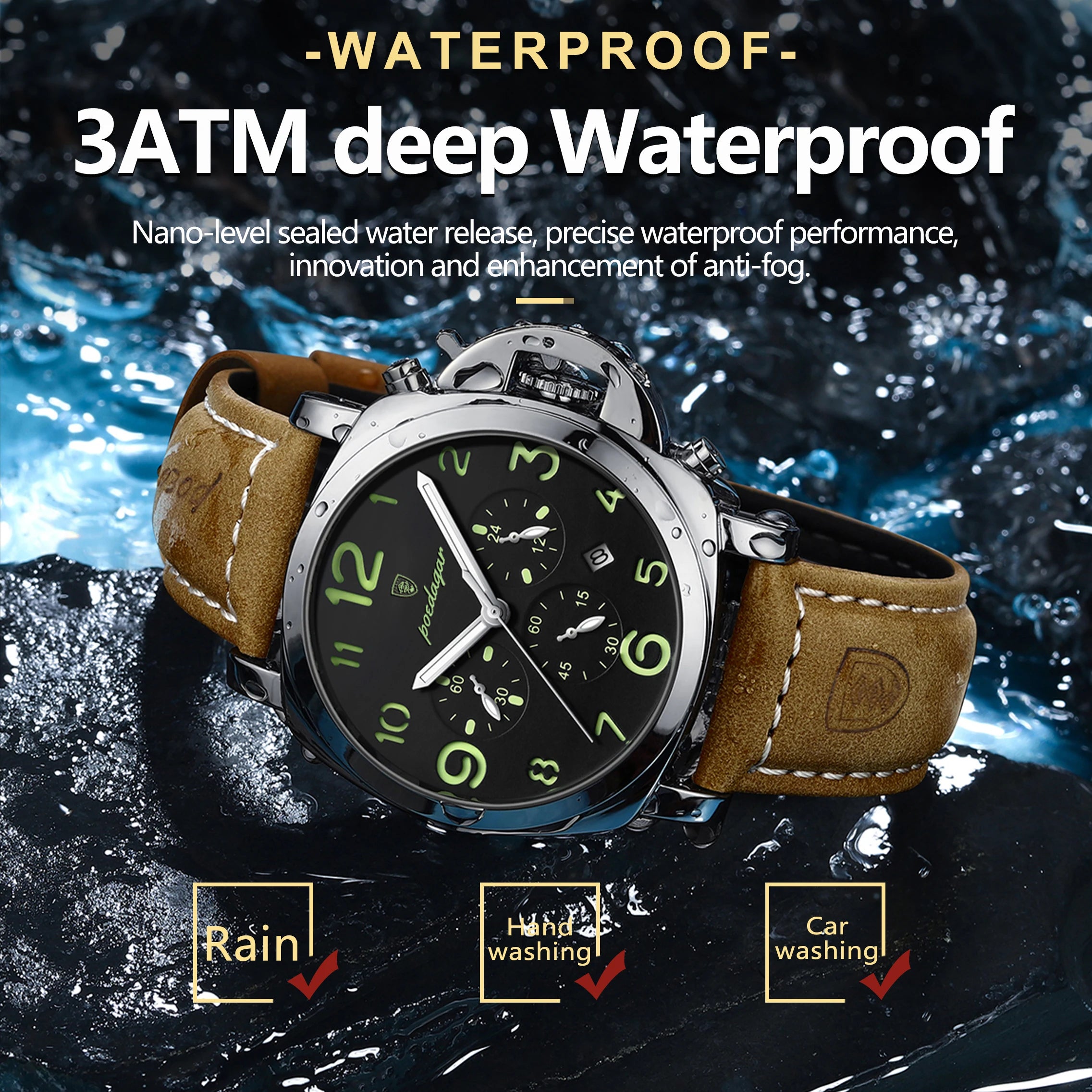 Chronograph Leather Watch – Bold Arabic Dial with Date & Luminous Hands