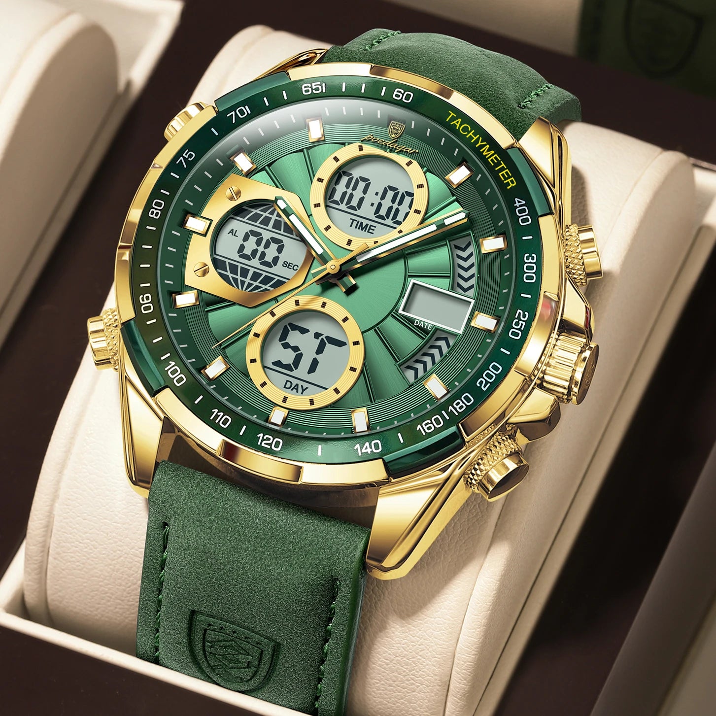 LED Analog-Digital Chronograph Watch – Dual Time & Alarm with Leather Strap