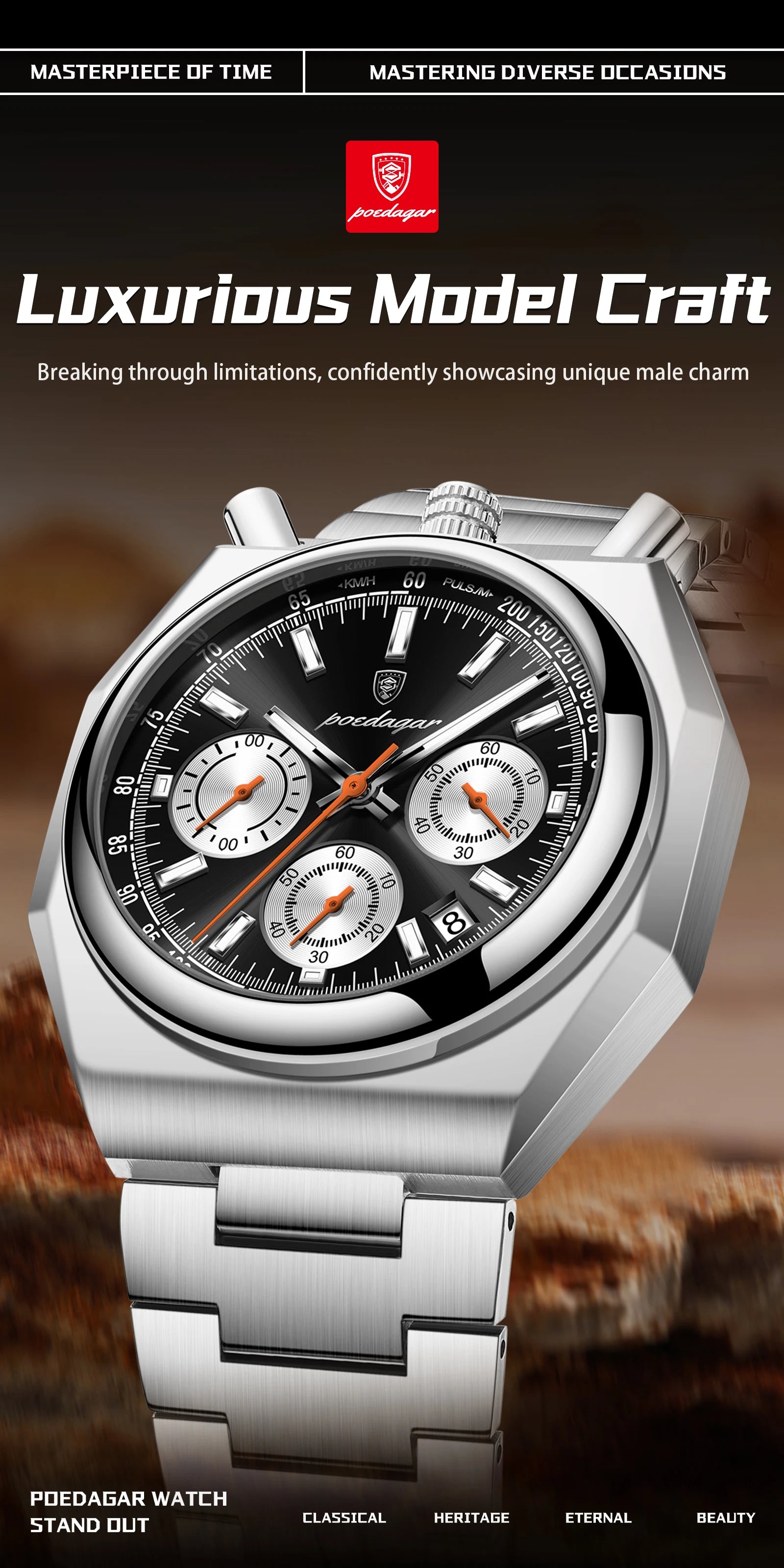 Irregular Chronograph Watch – Bold Numberless Dial with Hidden Clasp Bracelet