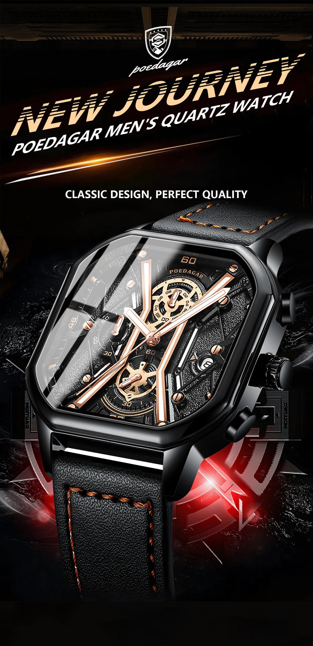 Square Chronograph Watch – Full Calendar with Leather Strap & Luminous Dial
